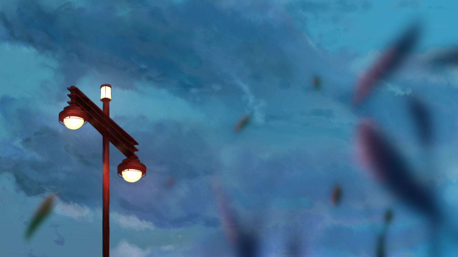 Anime street lamp with blue clouds HD Wallpaper