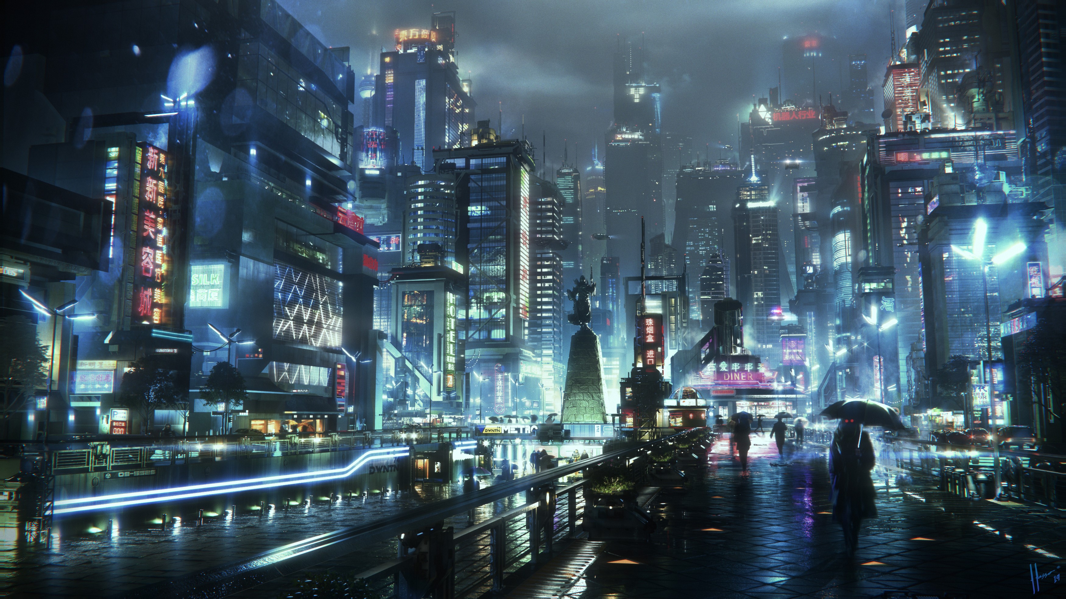Cyberpunk city with neon lights and rain HD Wallpaper