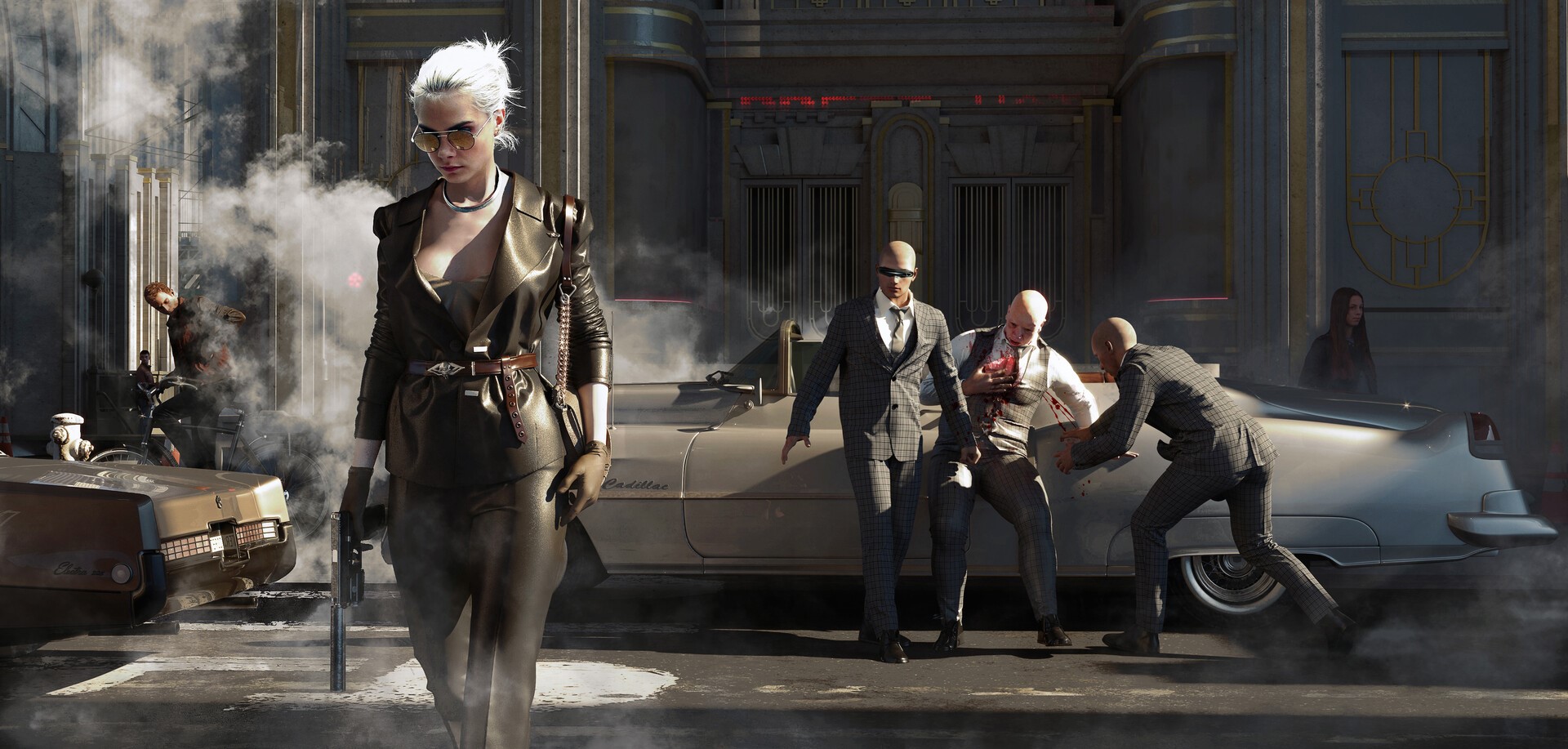 Woman with gun and injured men near Cadillac HD Wallpaper