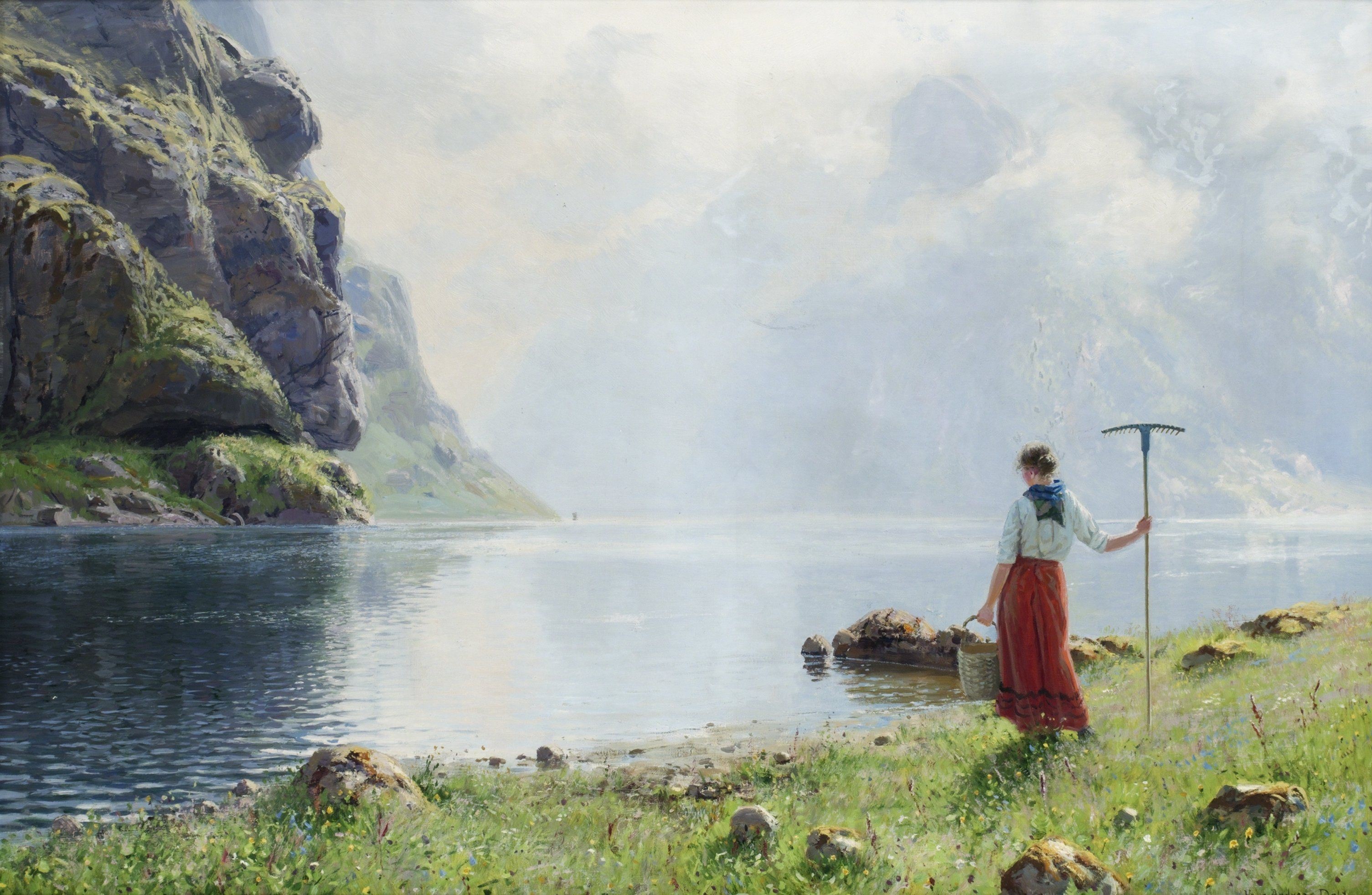 Woman with rake by a fjord HD Wallpaper