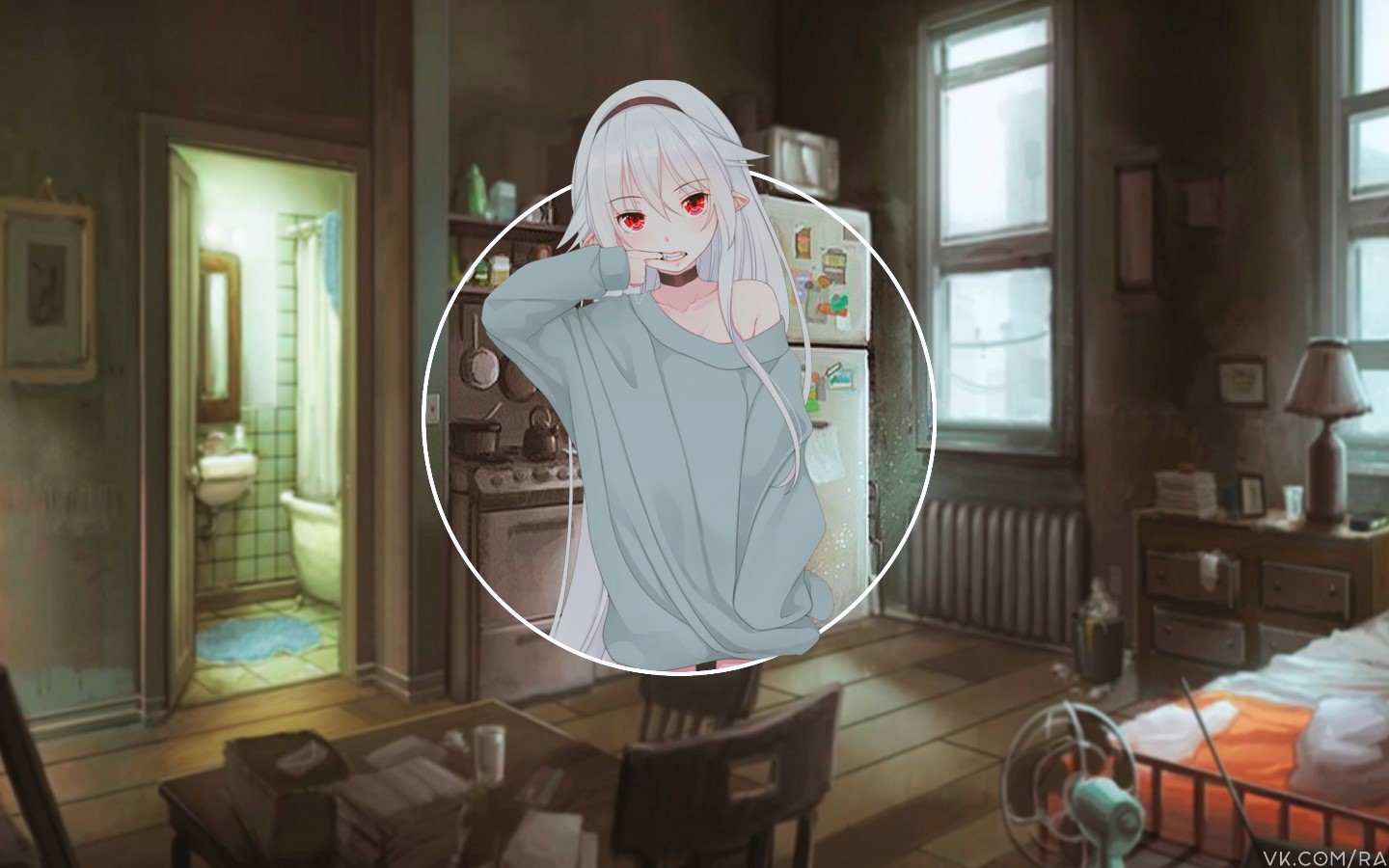 Anime girl with red eyes in a room HD Wallpaper