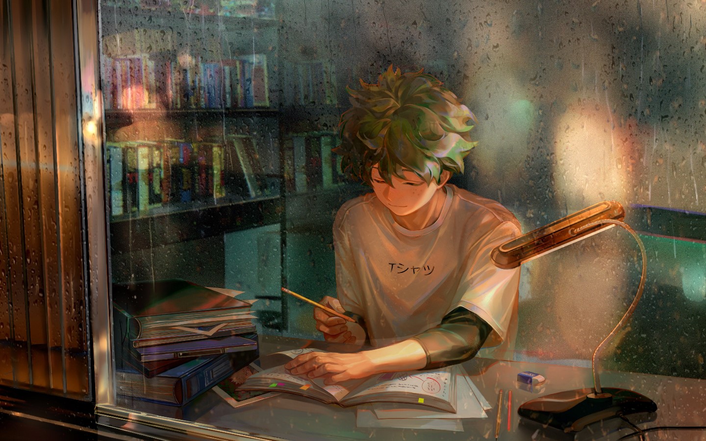 Izuku Midoriya from Boku no Hero Academia studying by a window HD Wallpaper
