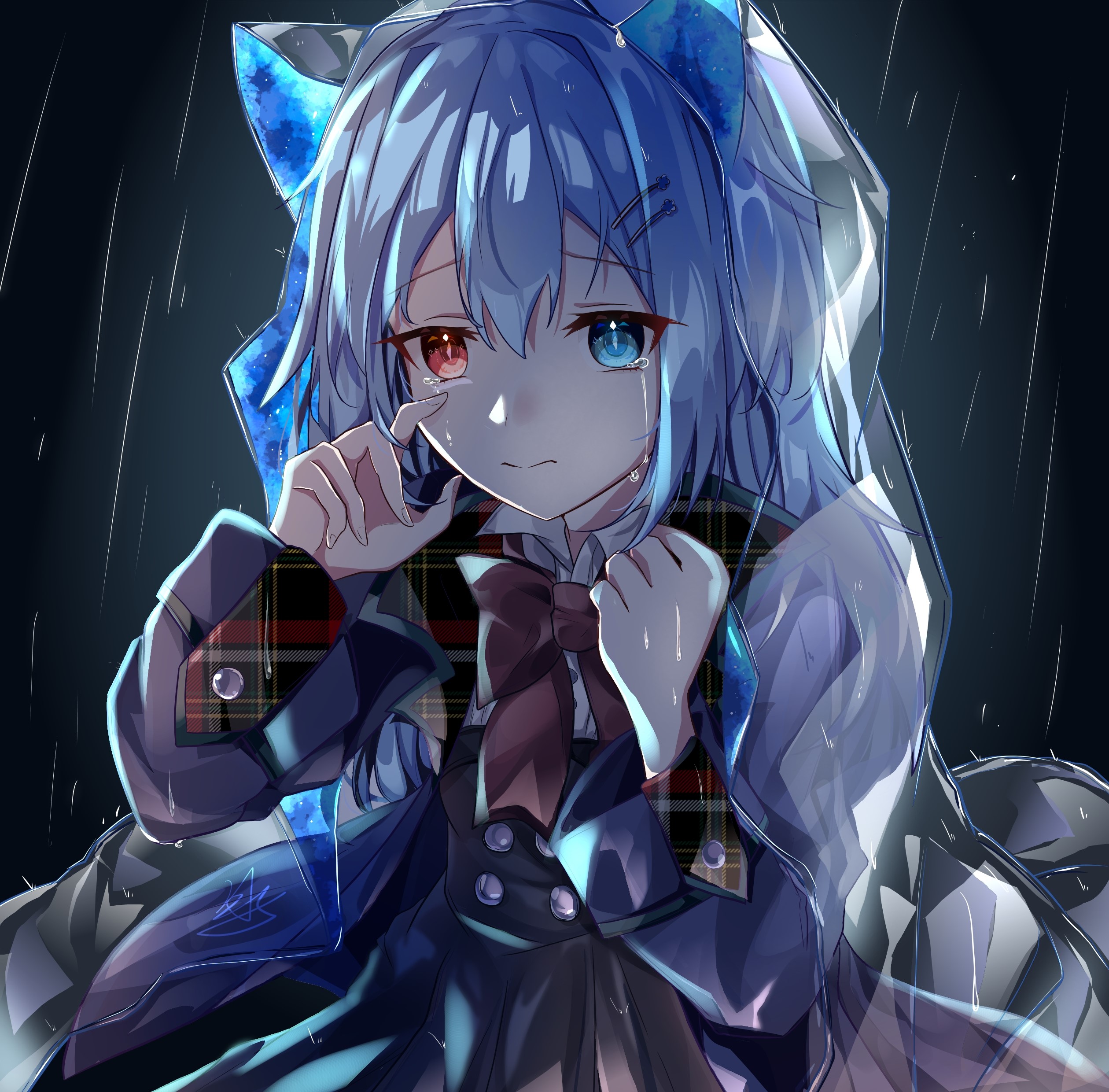 Anime girl with heterochromia crying in the rain HD Wallpaper