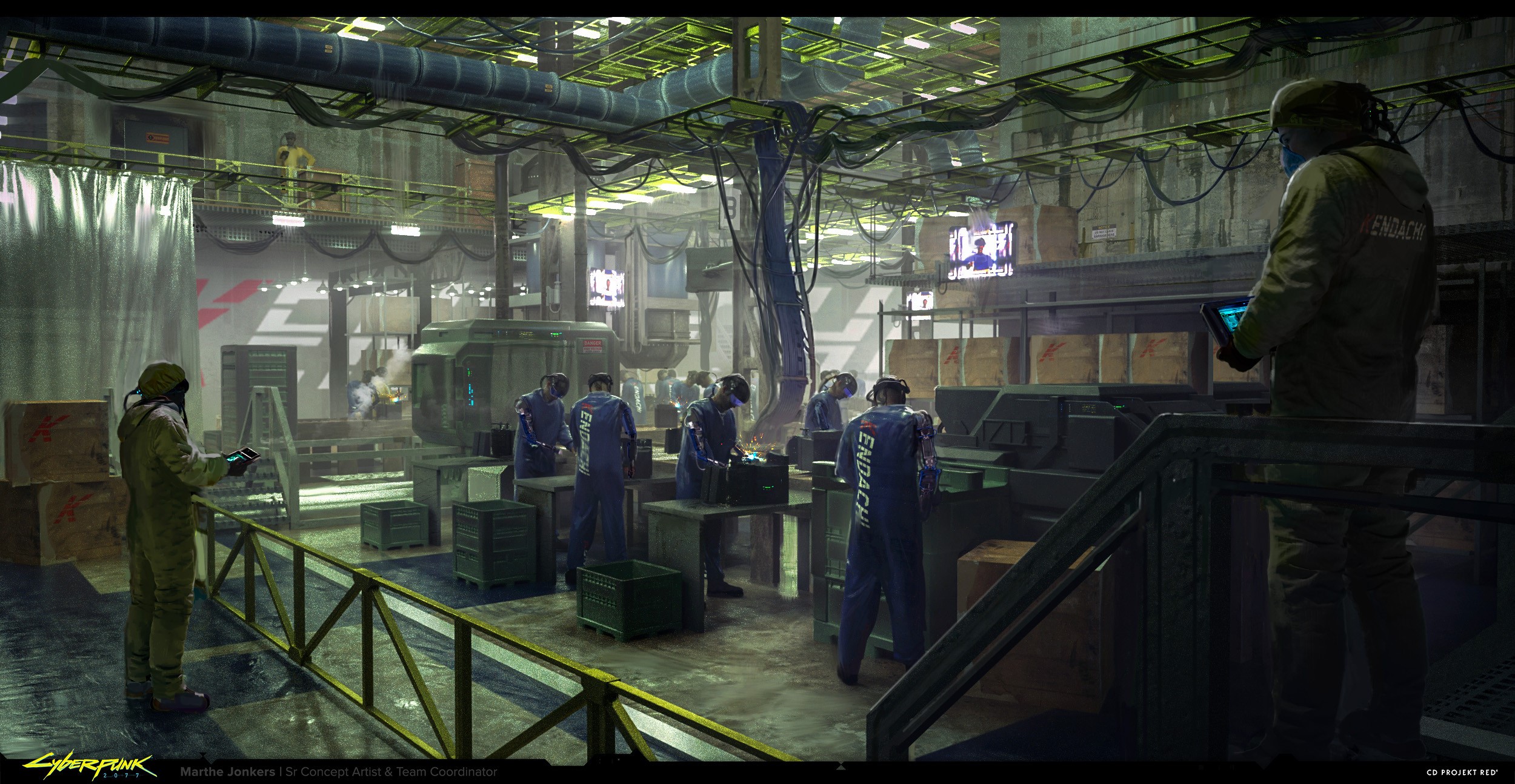 Cyberpunk 2077 concept art of a factory interior HD Wallpaper