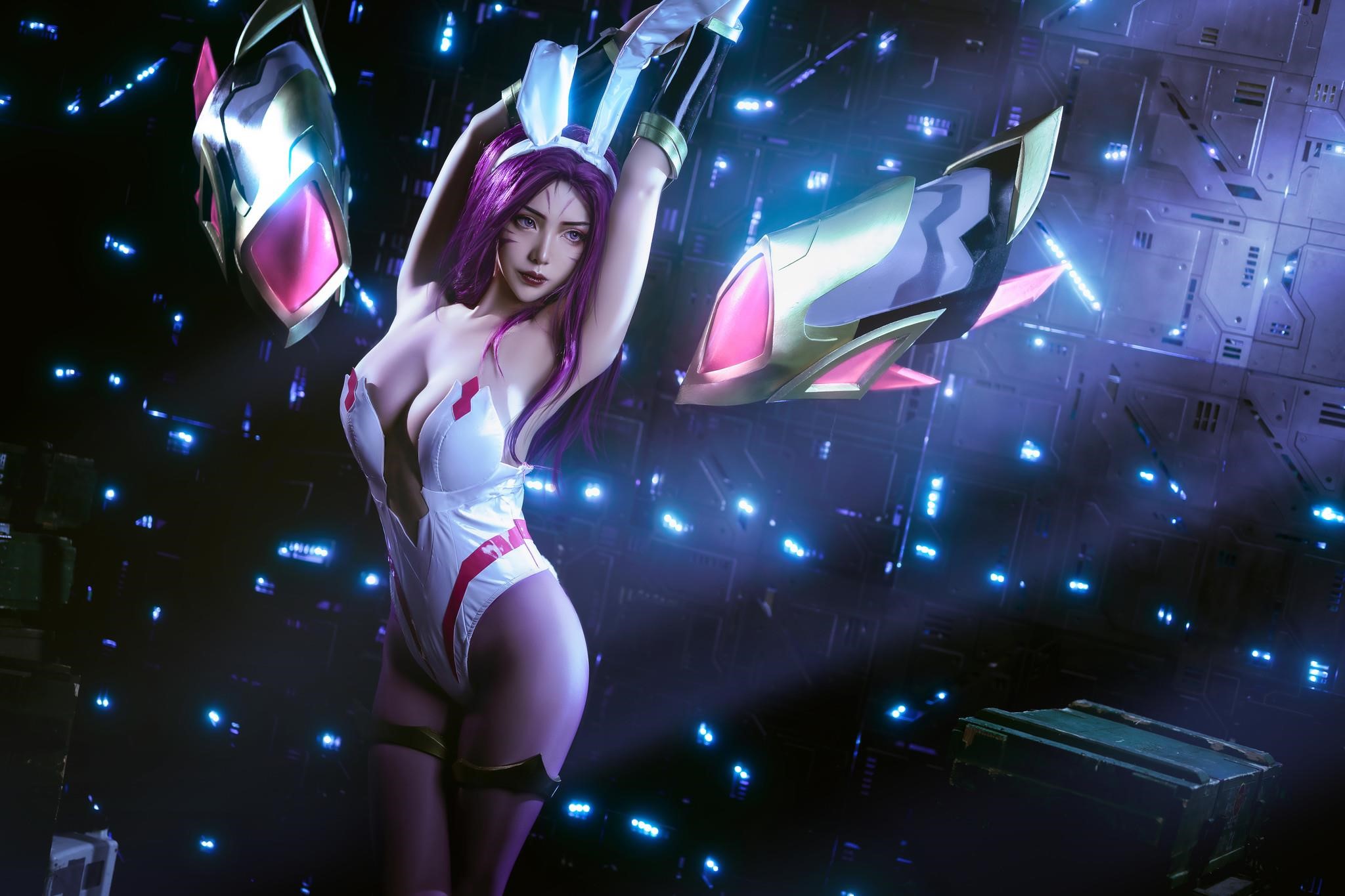 Kasia KDA cosplay with bunny ears and futuristic background HD Wallpaper
