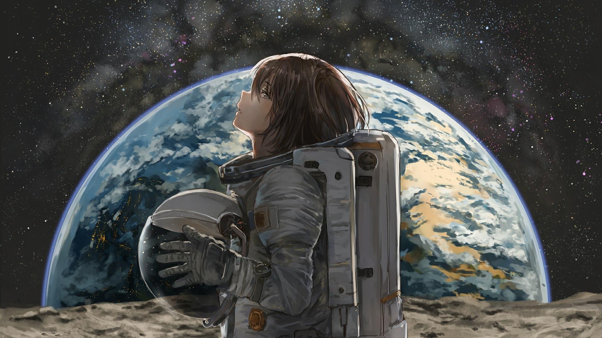 Anime astronaut girl on the moon looking at Earth HD Wallpaper