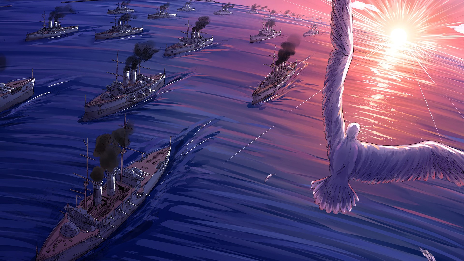 Fleet of battleships sailing at sunset with a bird flying HD Wallpaper