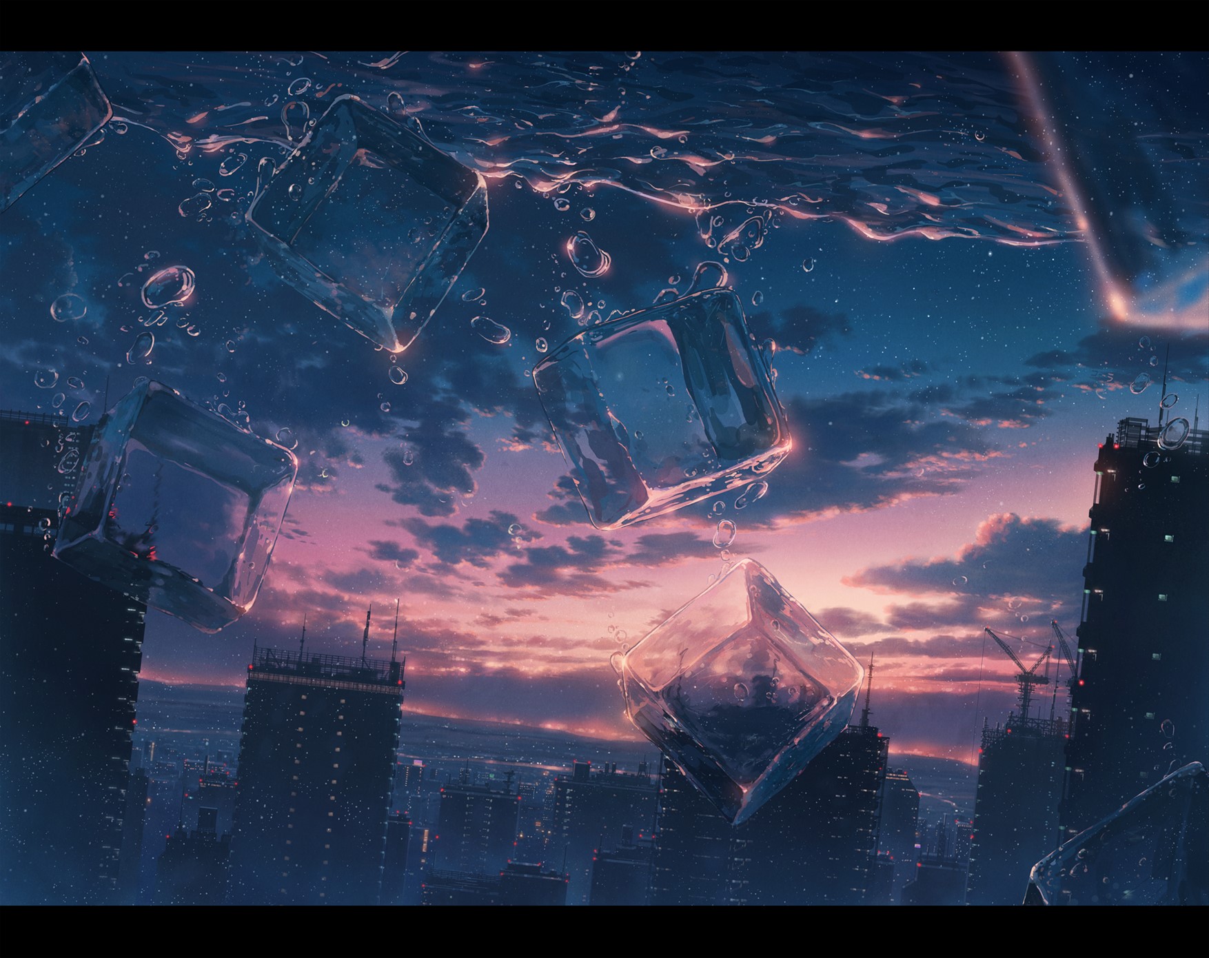 Ice cubes floating over a city at dawn HD Wallpaper
