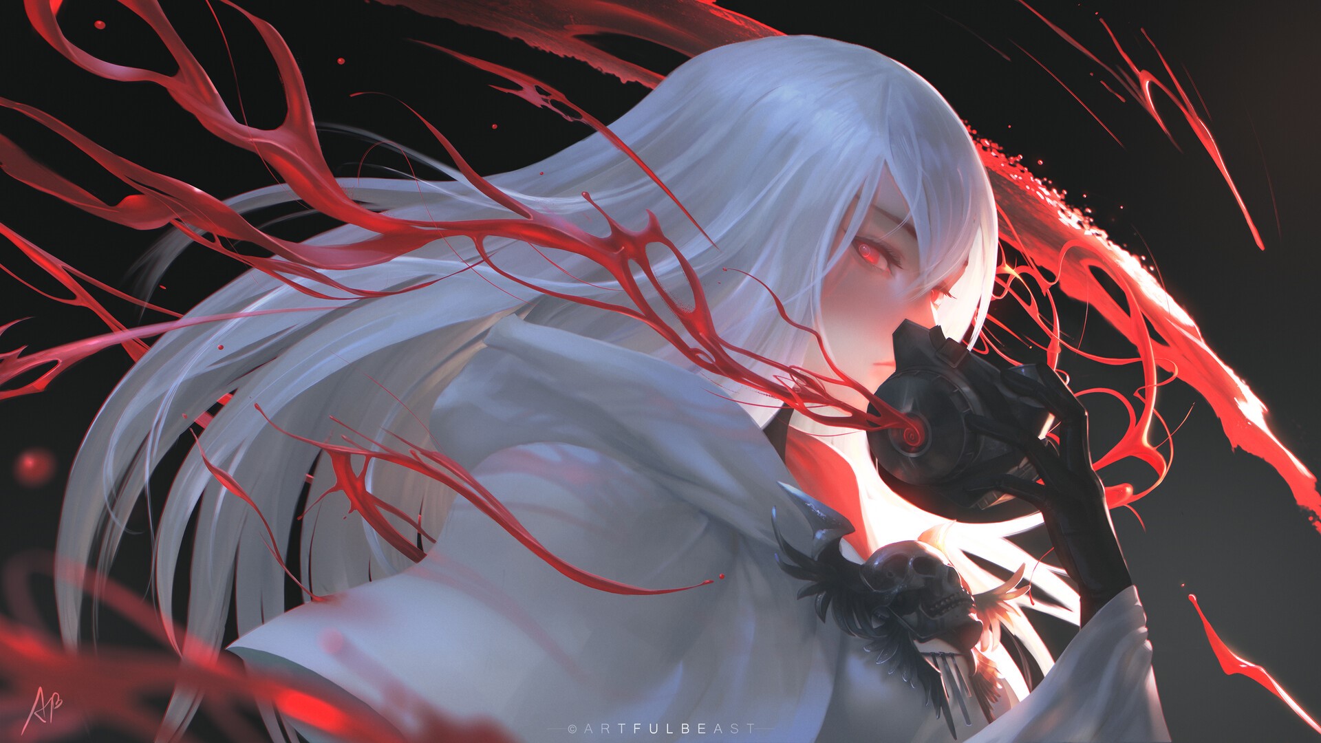 Anime girl with white hair and red eyes HD Wallpaper