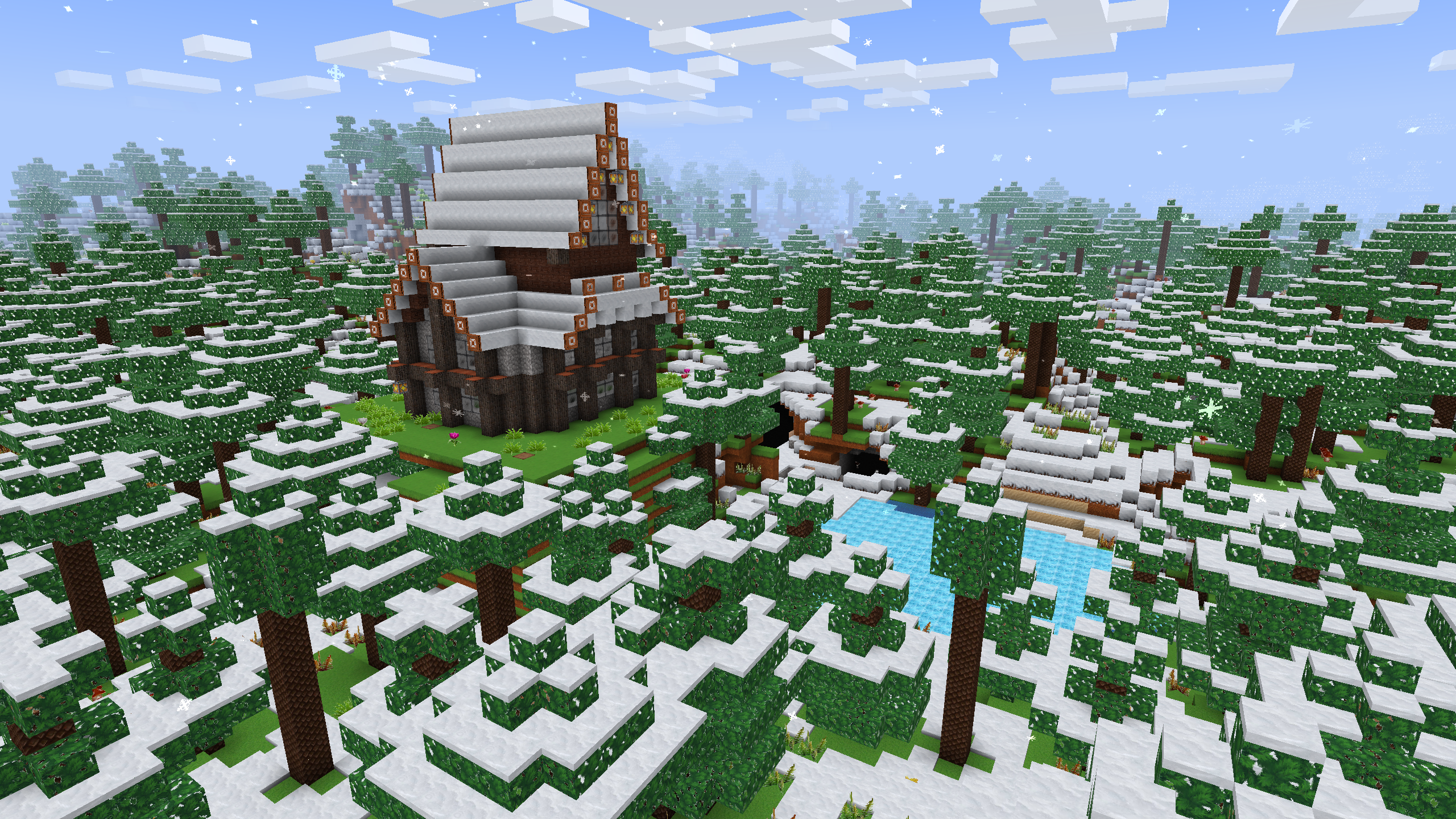 Minecraft snowy forest with a wooden house HD Wallpaper