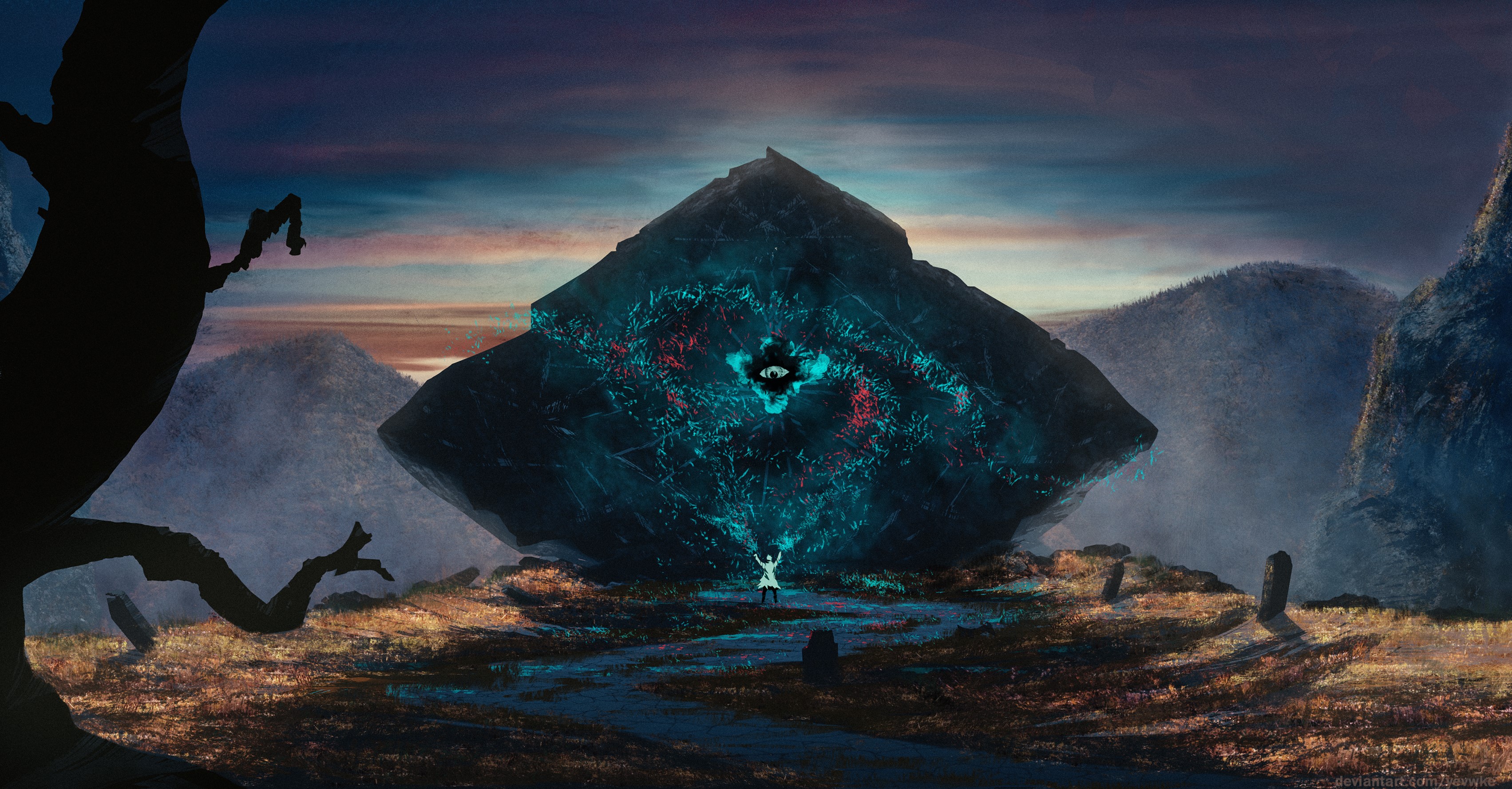 A person facing a glowing pyramid with an eye HD Wallpaper