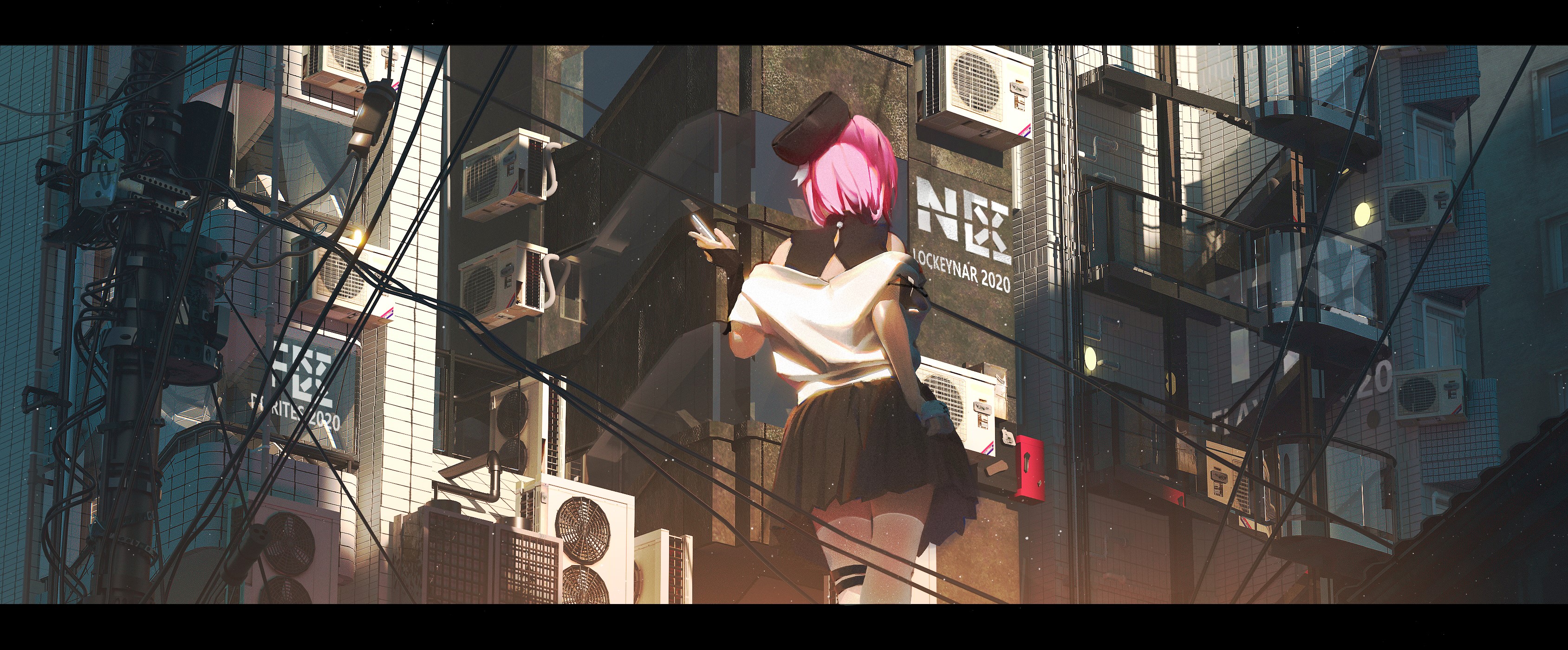 Anime girl with pink hair in urban setting HD Wallpaper