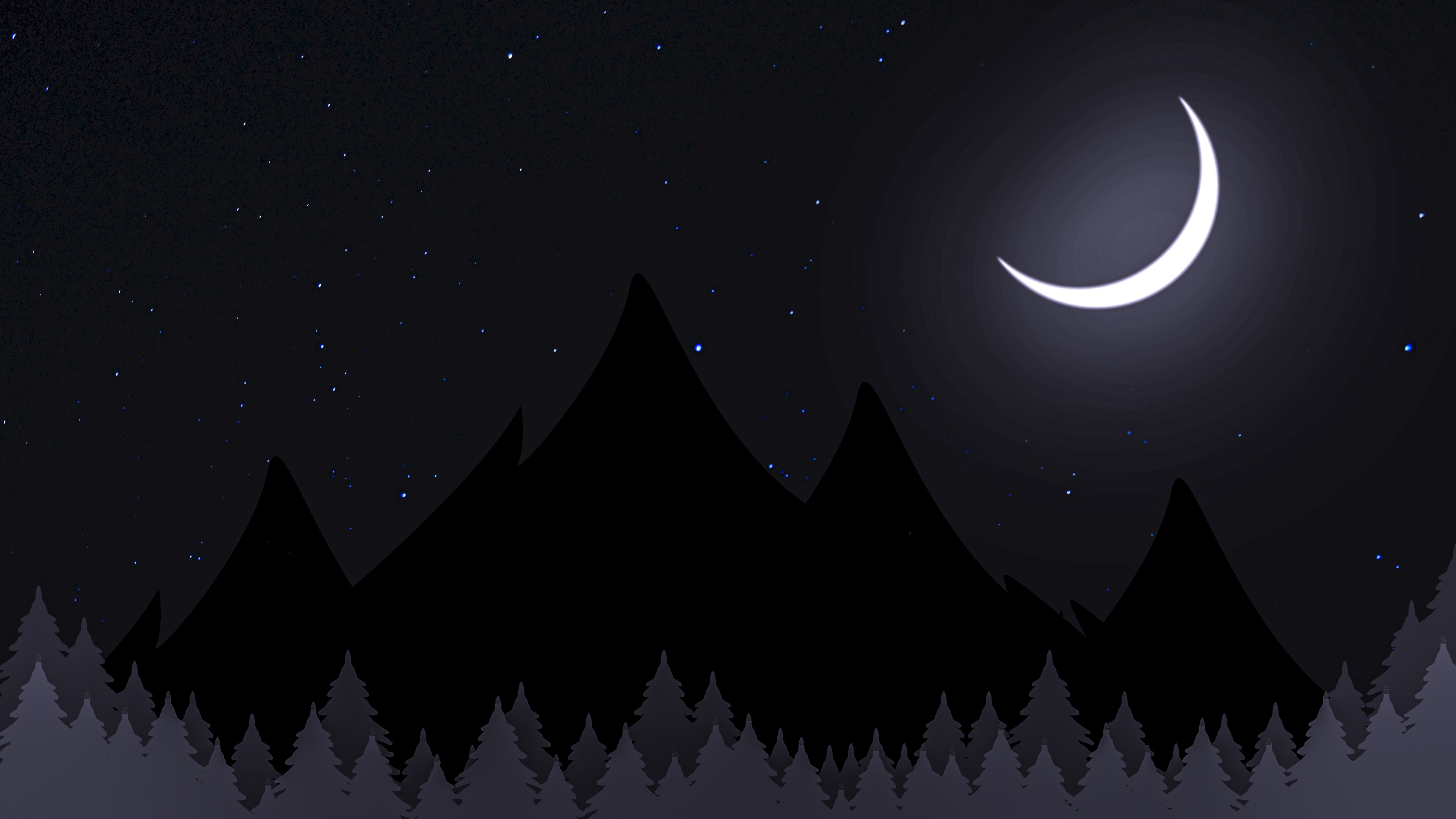 4K night sky with crescent moon over mountains and trees HD Wallpaper
