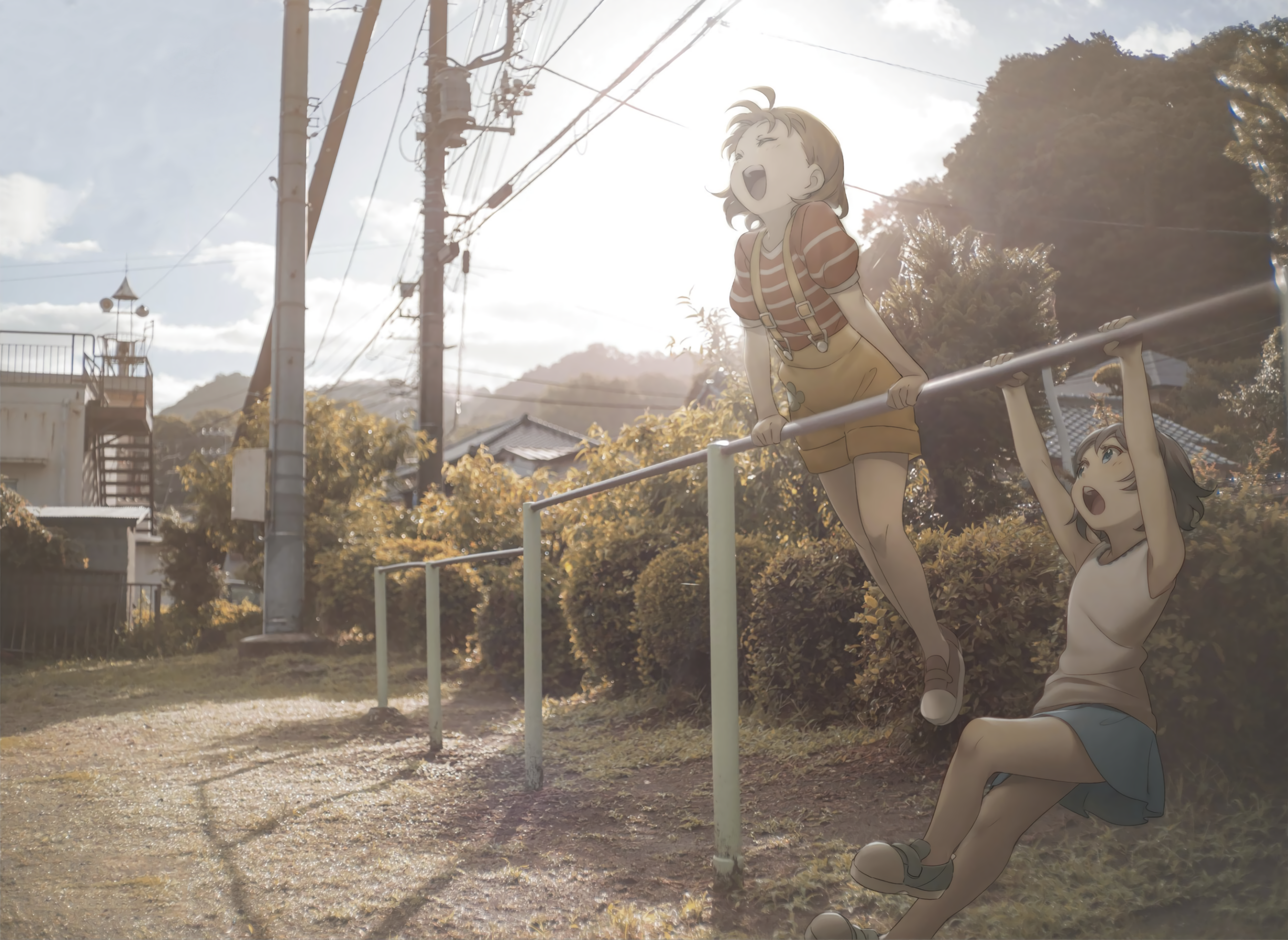 Anime girls playing on a monkey bar in a park HD Wallpaper