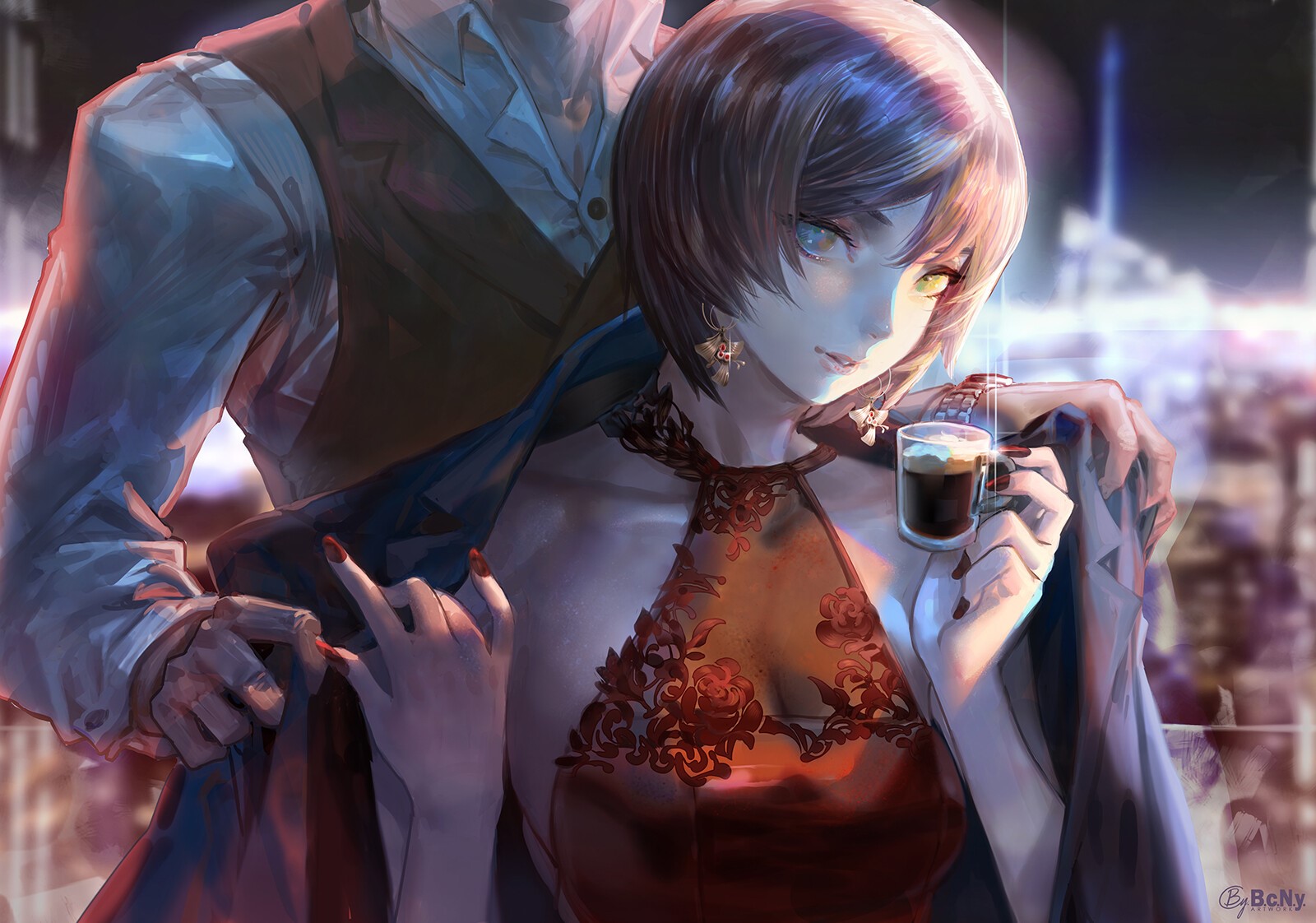 Woman in red dress holding a drink HD Wallpaper