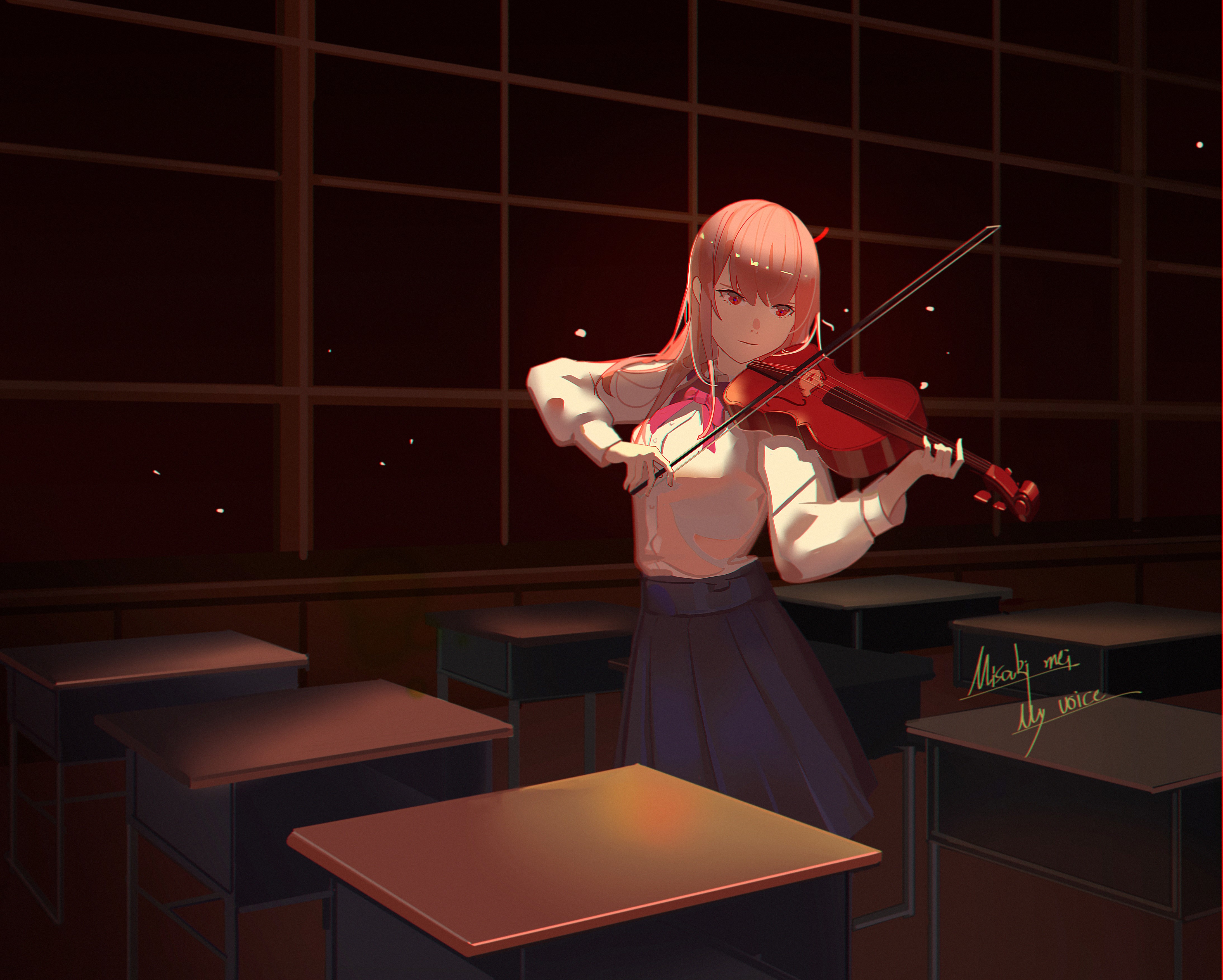 Anime girl playing violin in classroom HD Wallpaper