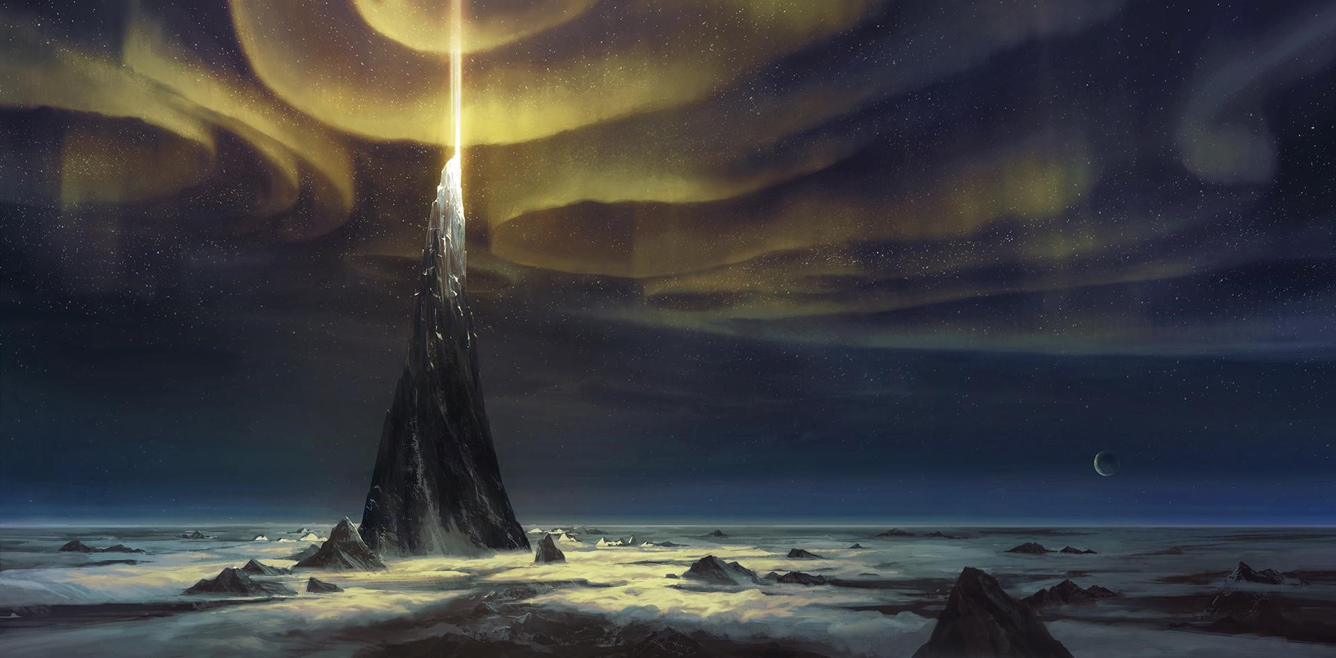 Digital art of a rocky peak under a starry night sky with aurora HD Wallpaper
