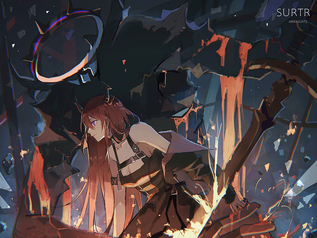 Surtr from Arknights with a large dark figure HD Wallpaper