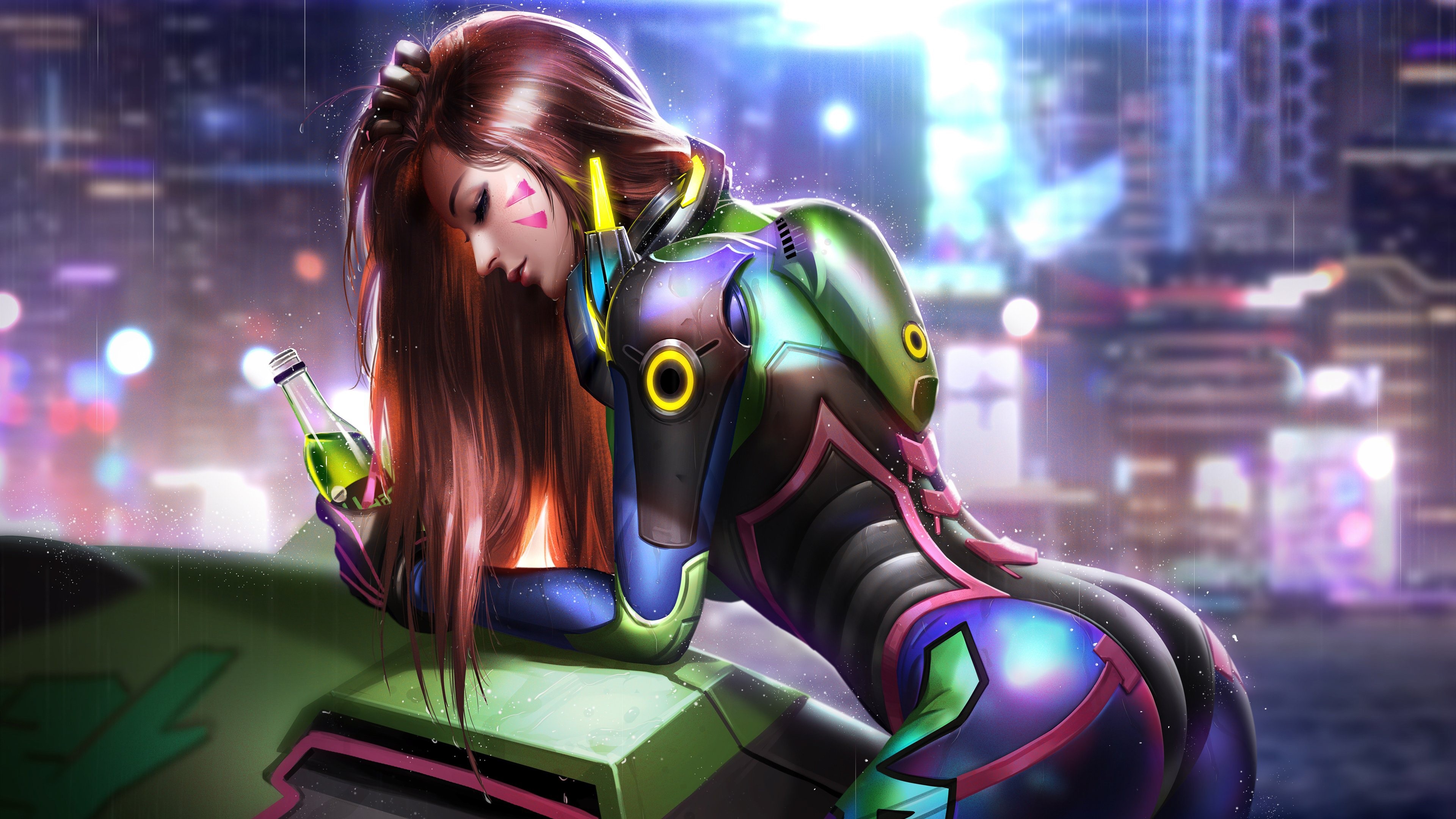 D.Va from Overwatch holding a drink HD Wallpaper