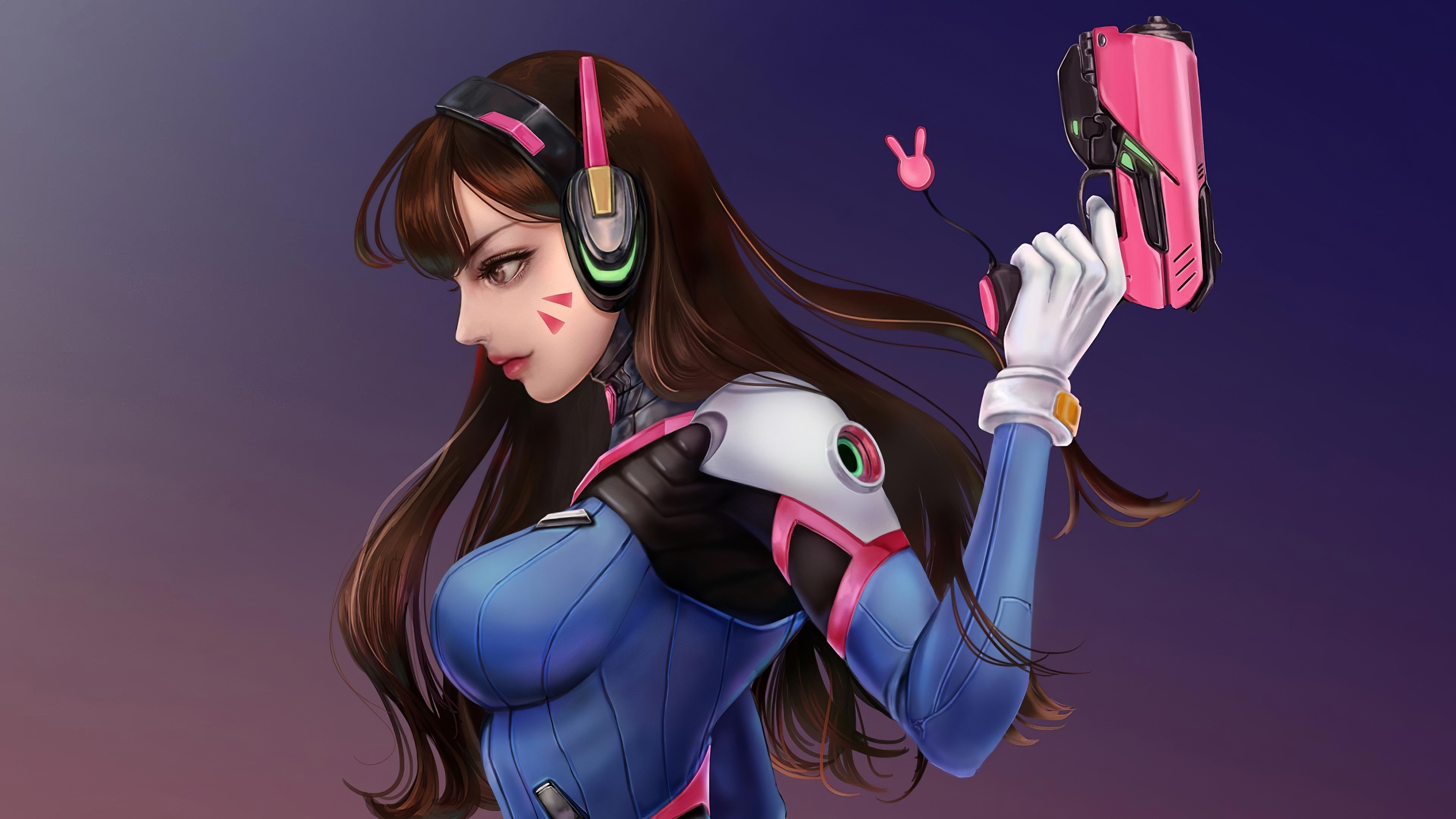 4K D.Va from Overwatch holding a pink gun HD Wallpaper
