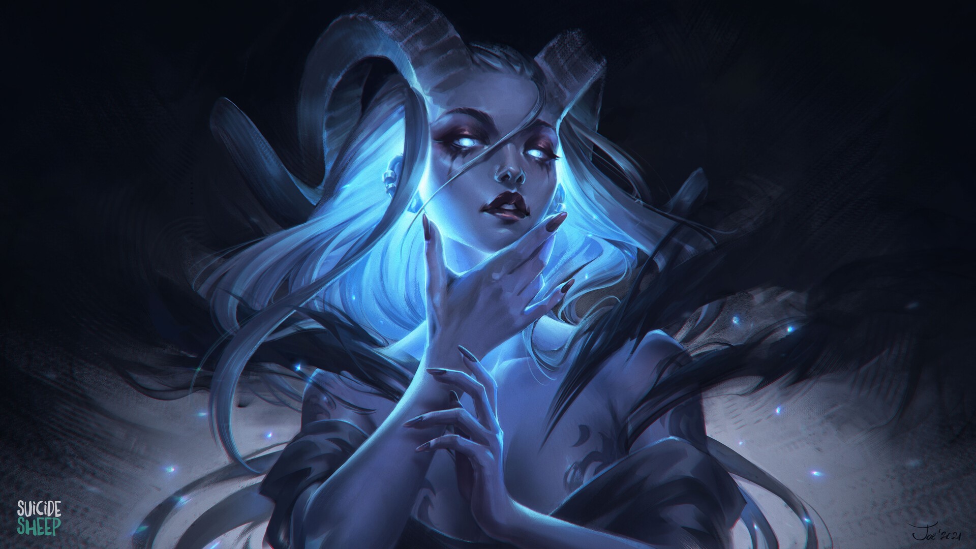 Demon girl with horns and glowing blue hair HD Wallpaper
