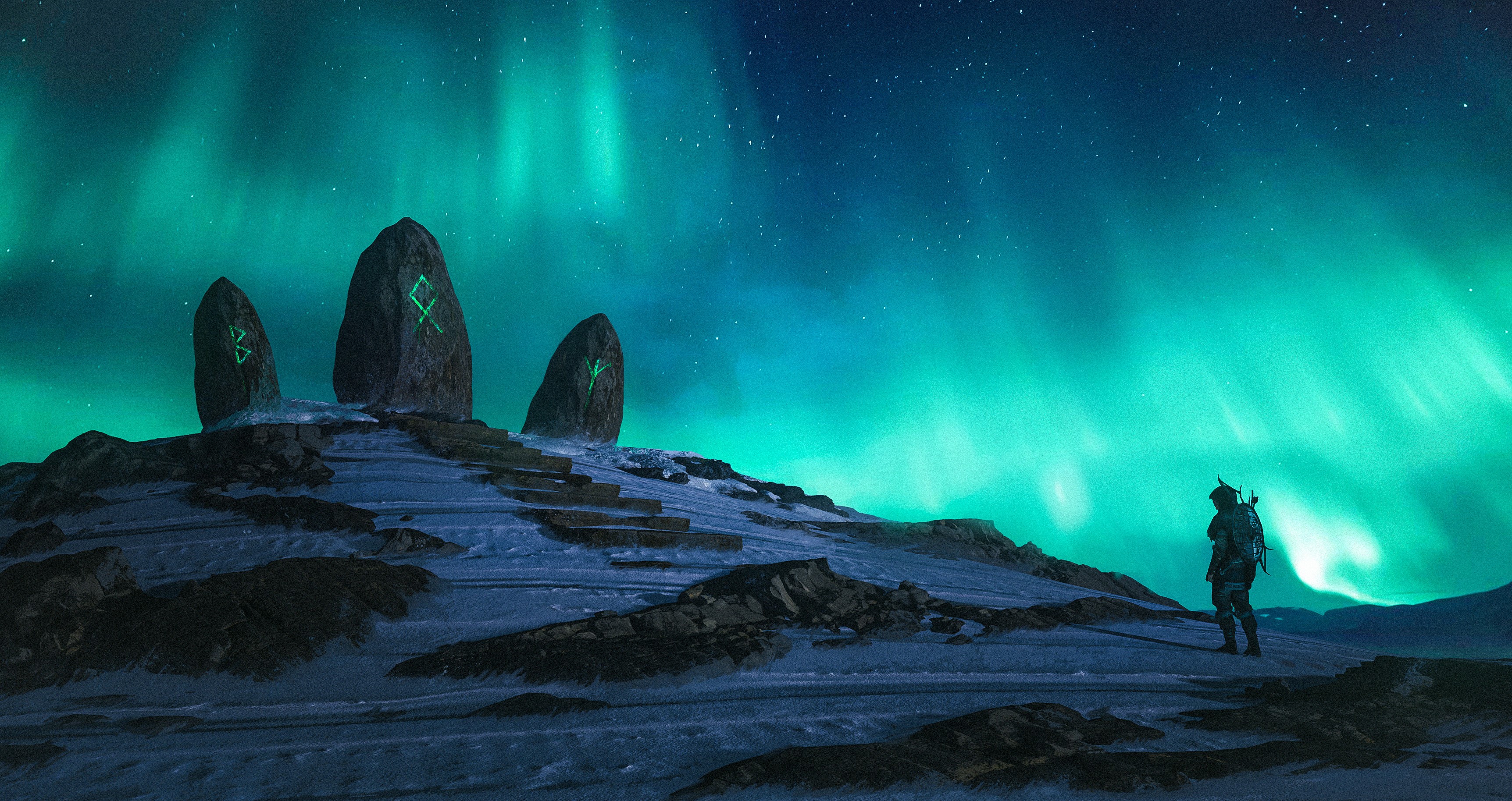 Man standing before ancient runes under the aurora borealis HD Wallpaper