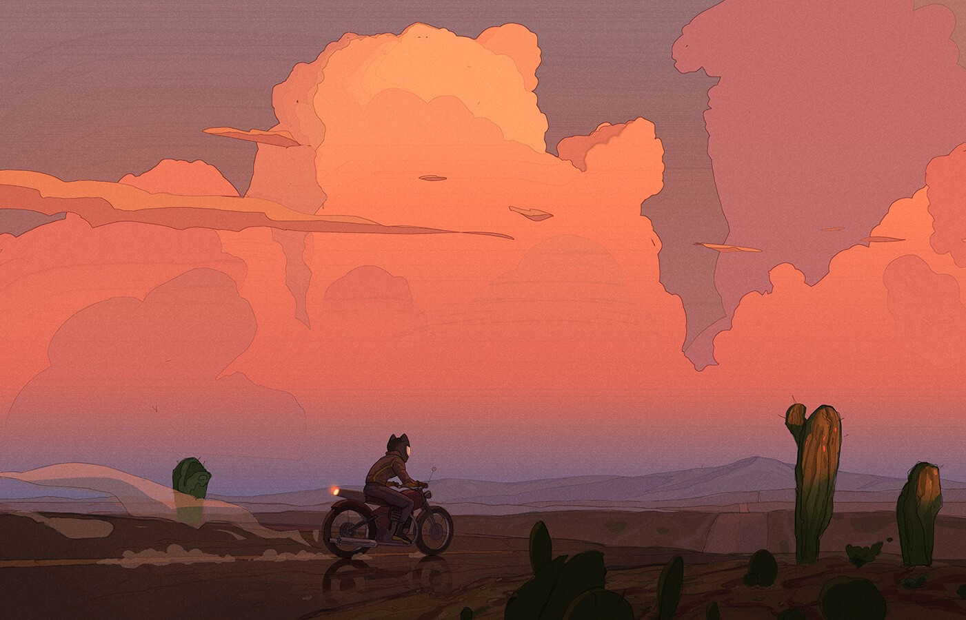 Artwork of a person riding a motorcycle through a desert at sunset HD Wallpaper