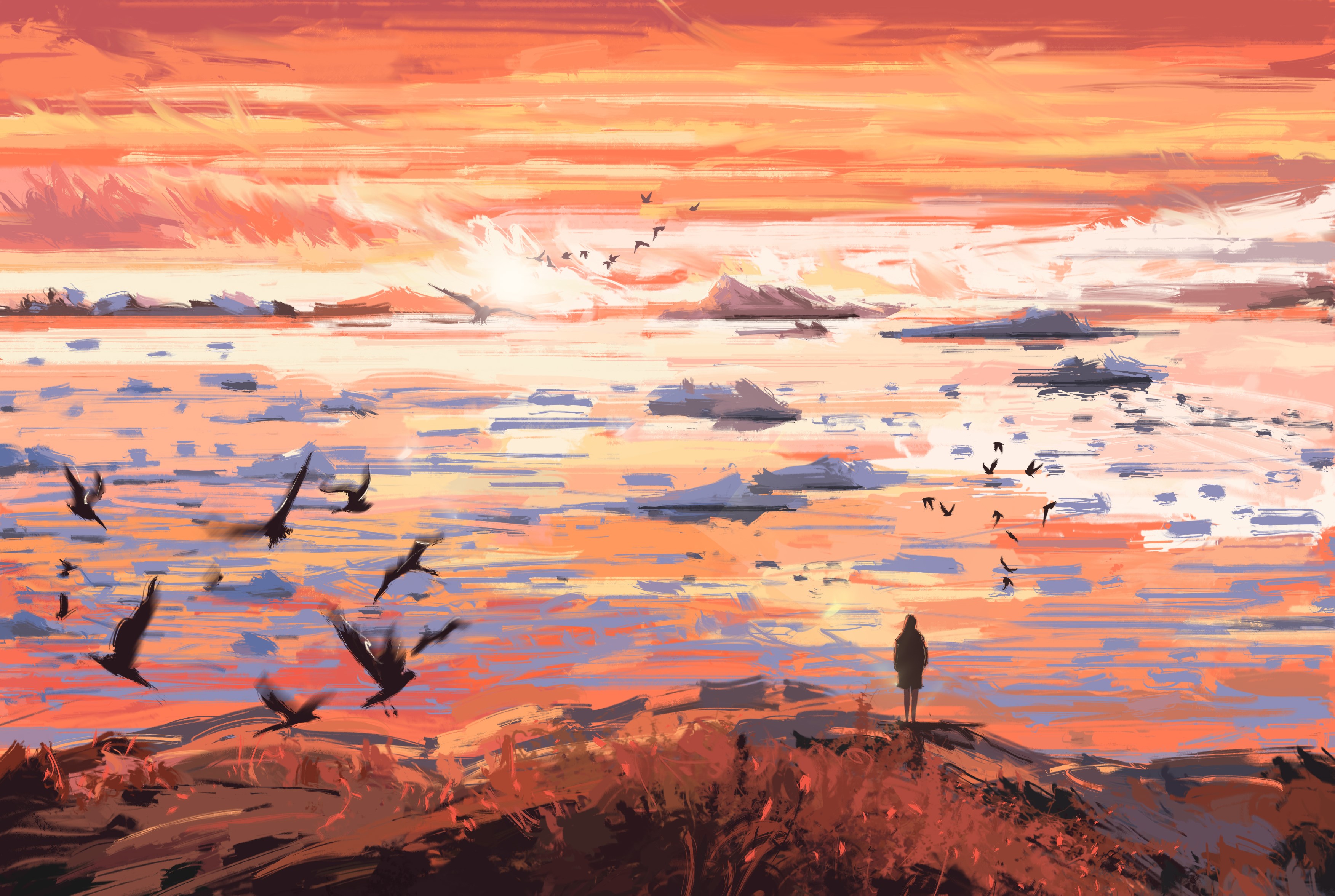 Digital painting of a woman watching birds at sunset over ice floes HD Wallpaper