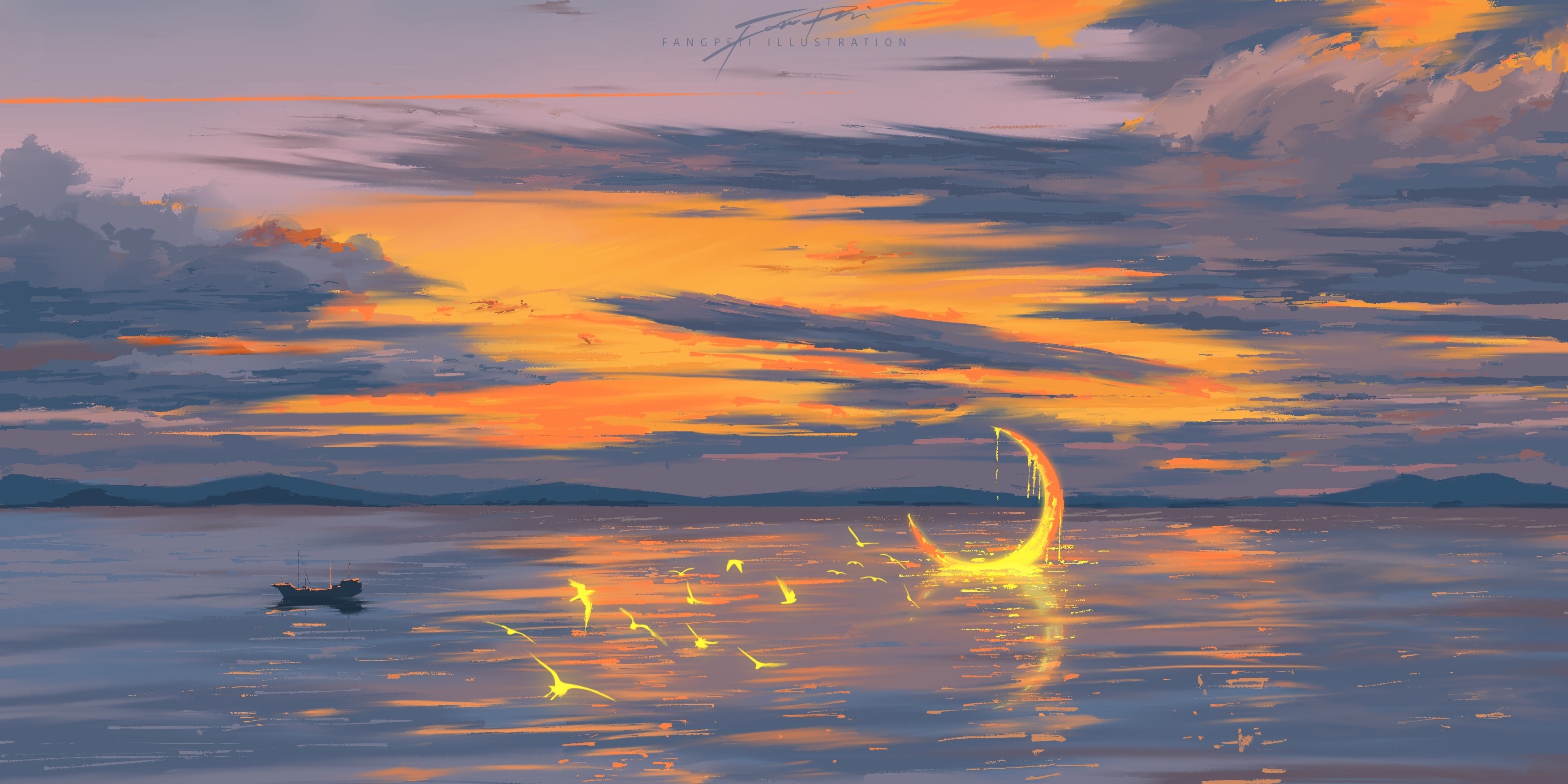 Fantasy landscape with crescent moon and boat HD Wallpaper