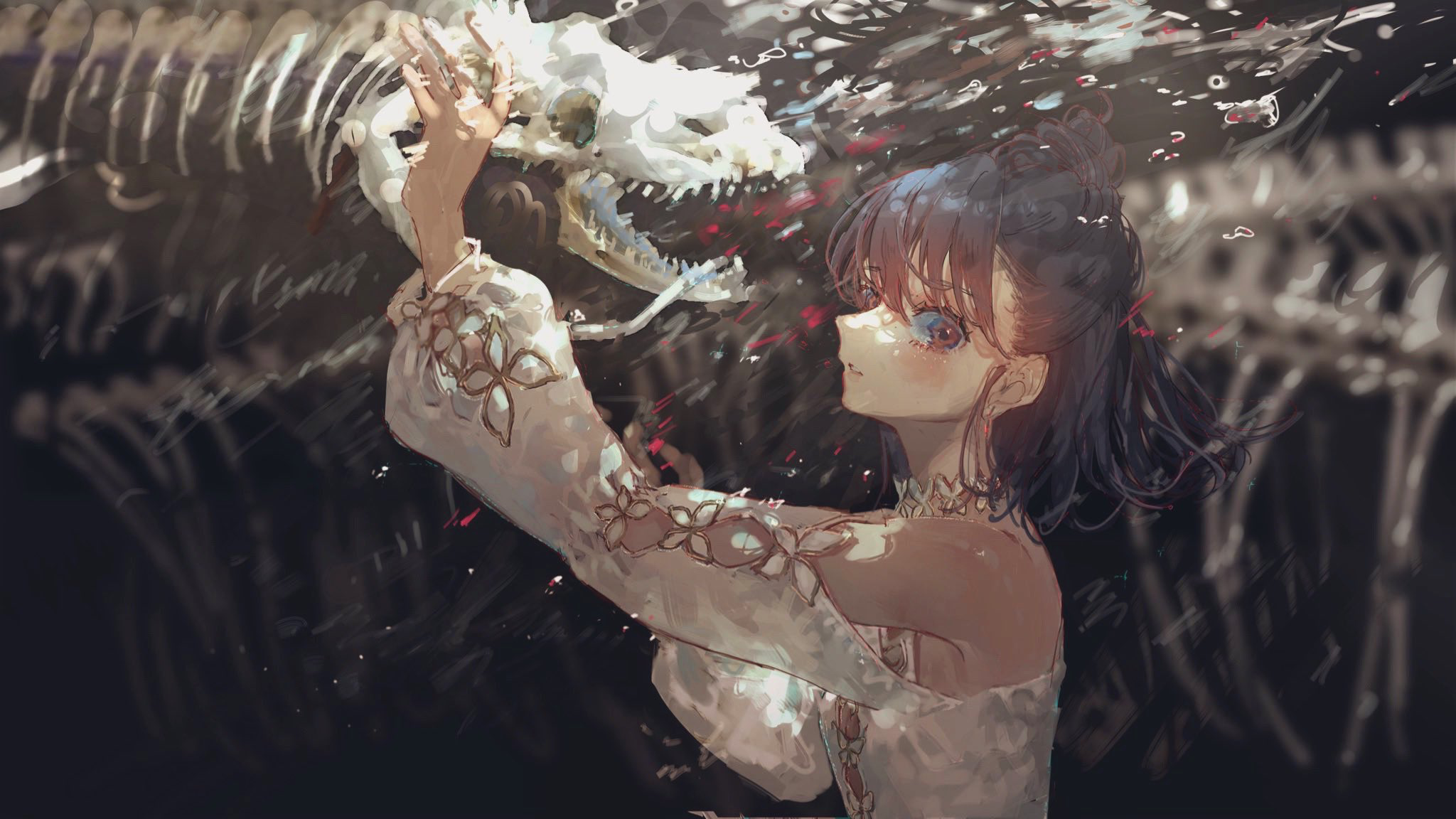 Girl examining a dinosaur skeleton HD Wallpaper