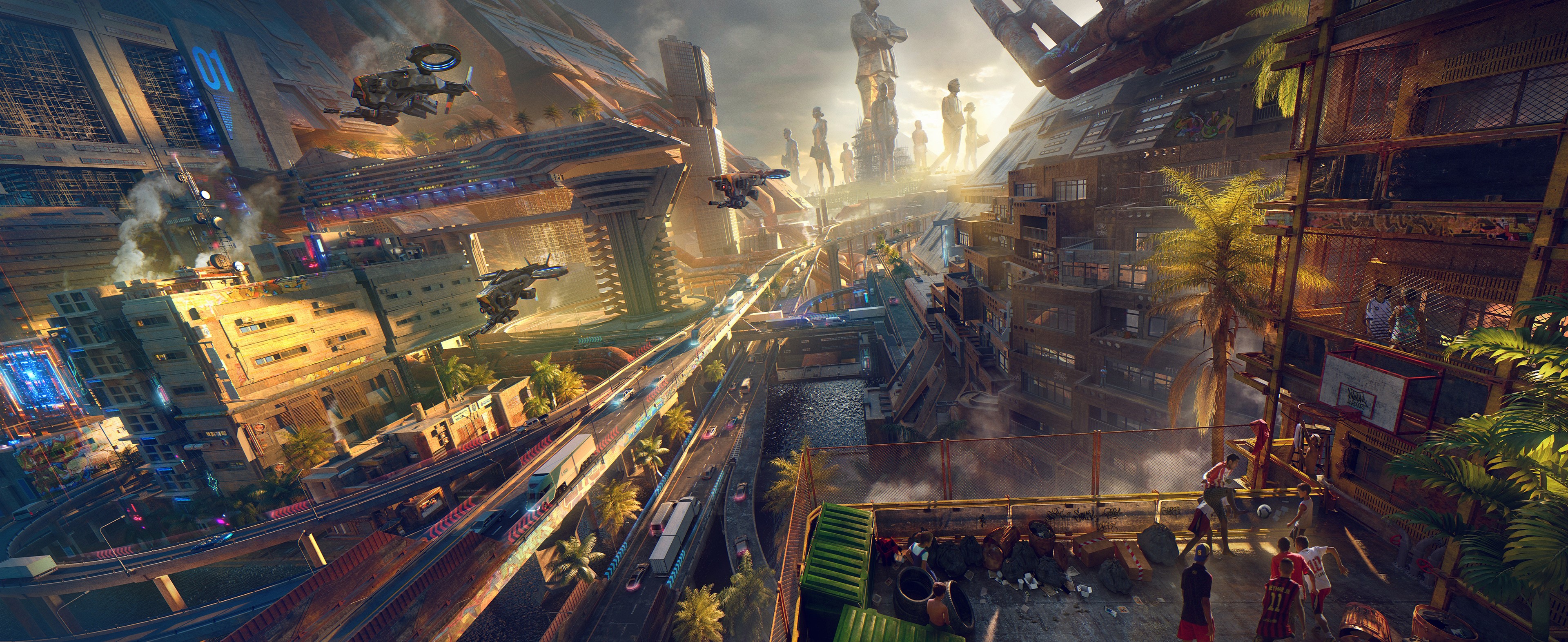 Futuristic Cityscape with Flying Vehicles and People HD Wallpaper
