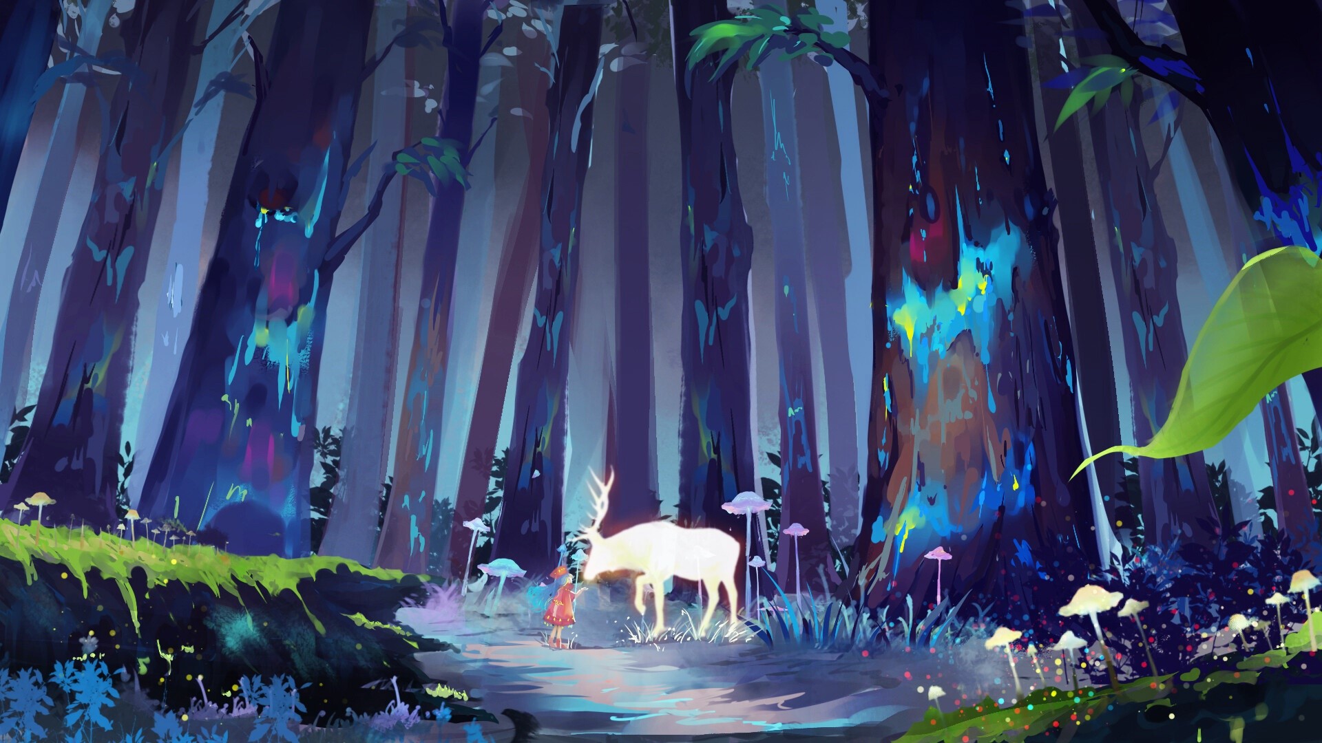 A girl and a glowing deer in a magical forest HD Wallpaper