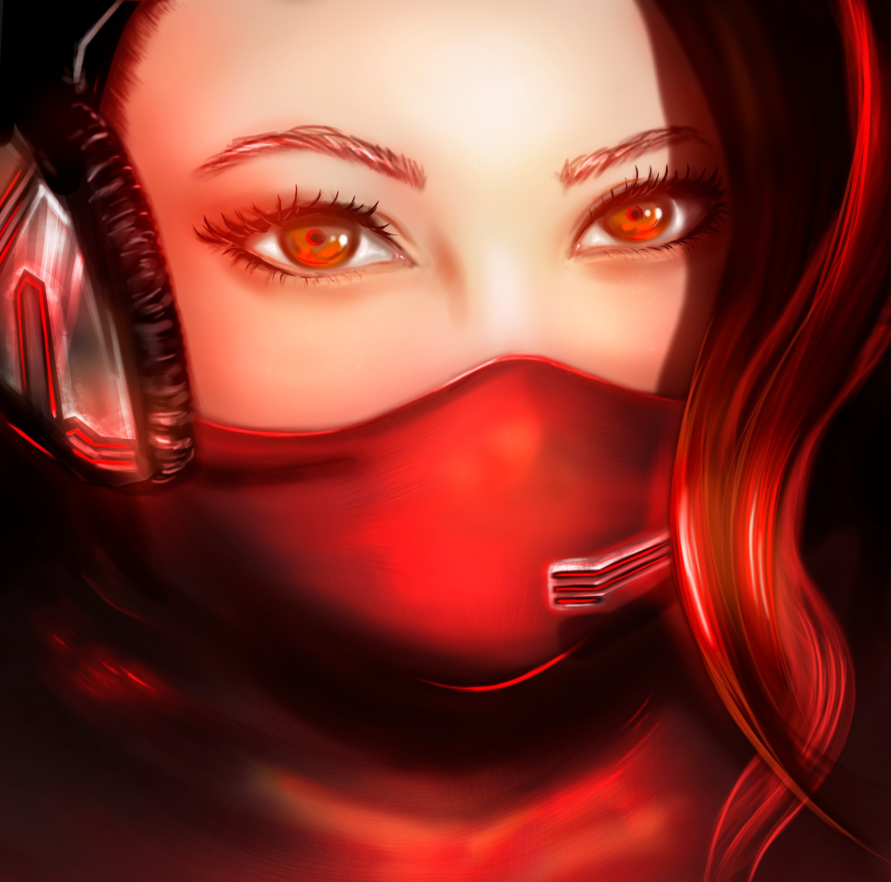 Digital painting of a woman with red eyes and mask HD Wallpaper