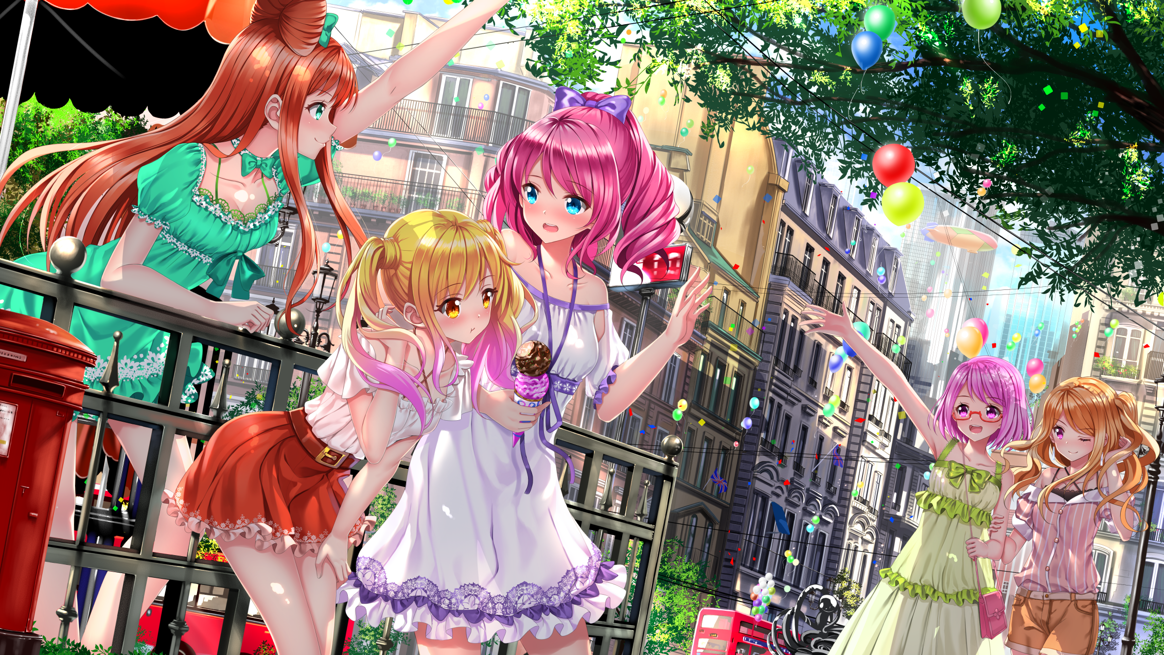 Anime girls in colorful outfits celebrating on a street HD Wallpaper