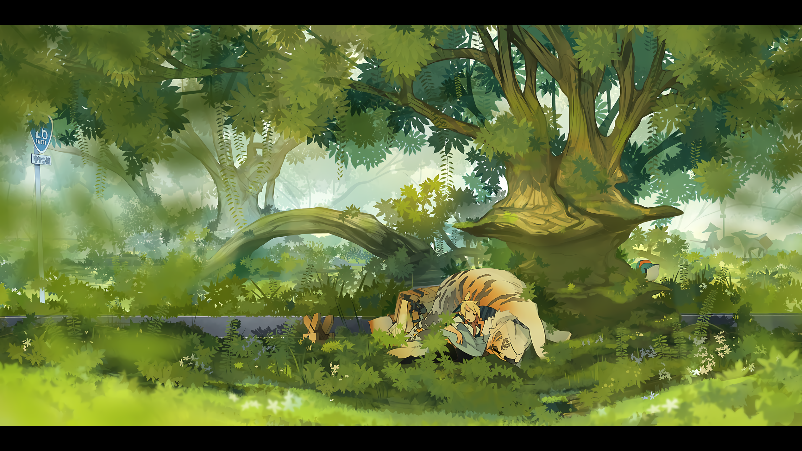 Anime girl sleeping with a tiger under a tree HD Wallpaper