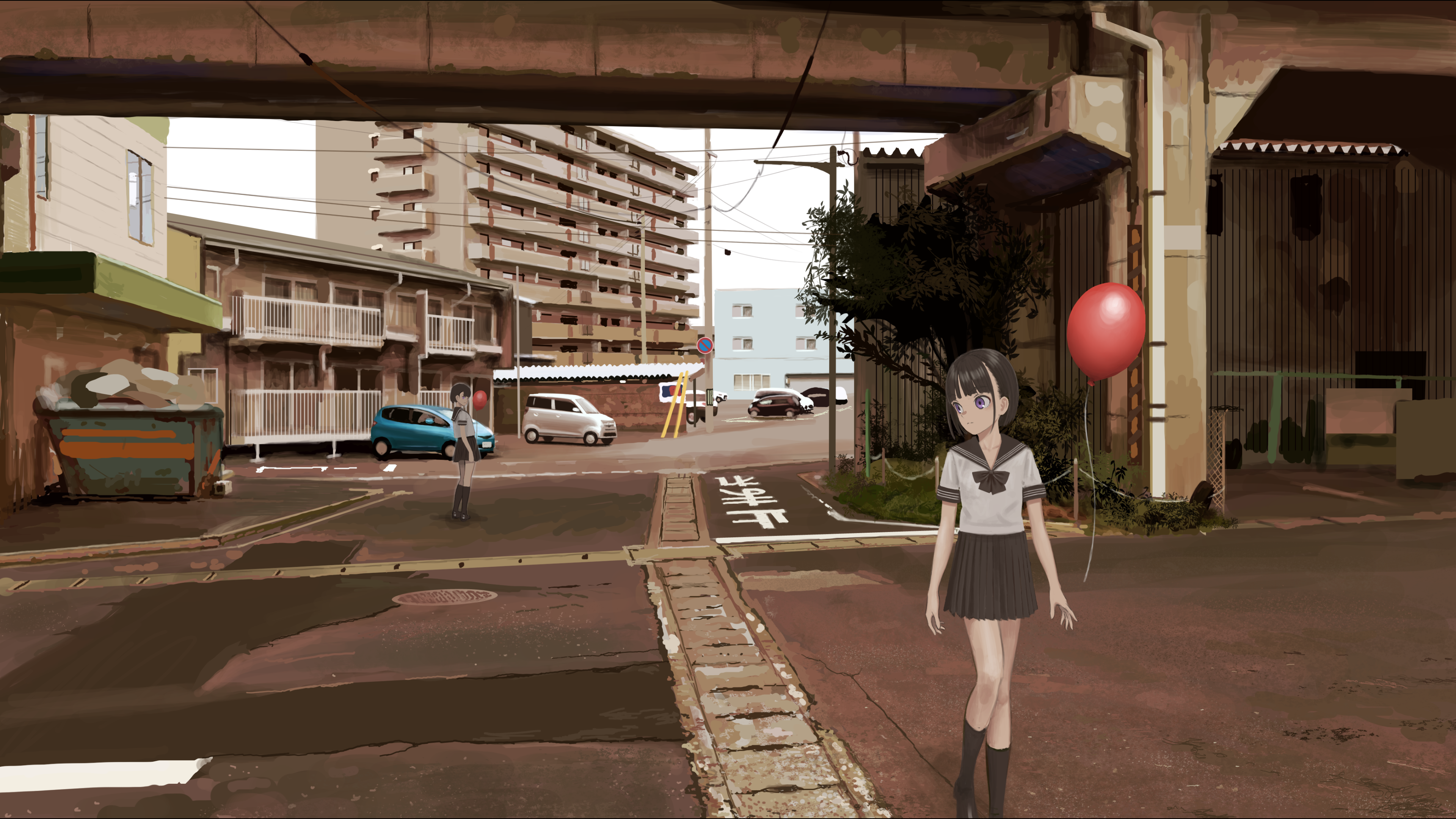 Anime girl with red balloon under underpass HD Wallpaper
