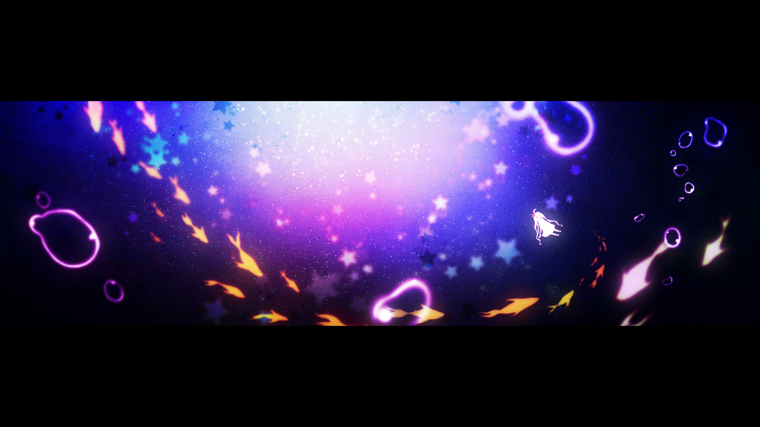 Anime girl floating in a starry, colorful galaxy with fish HD Wallpaper