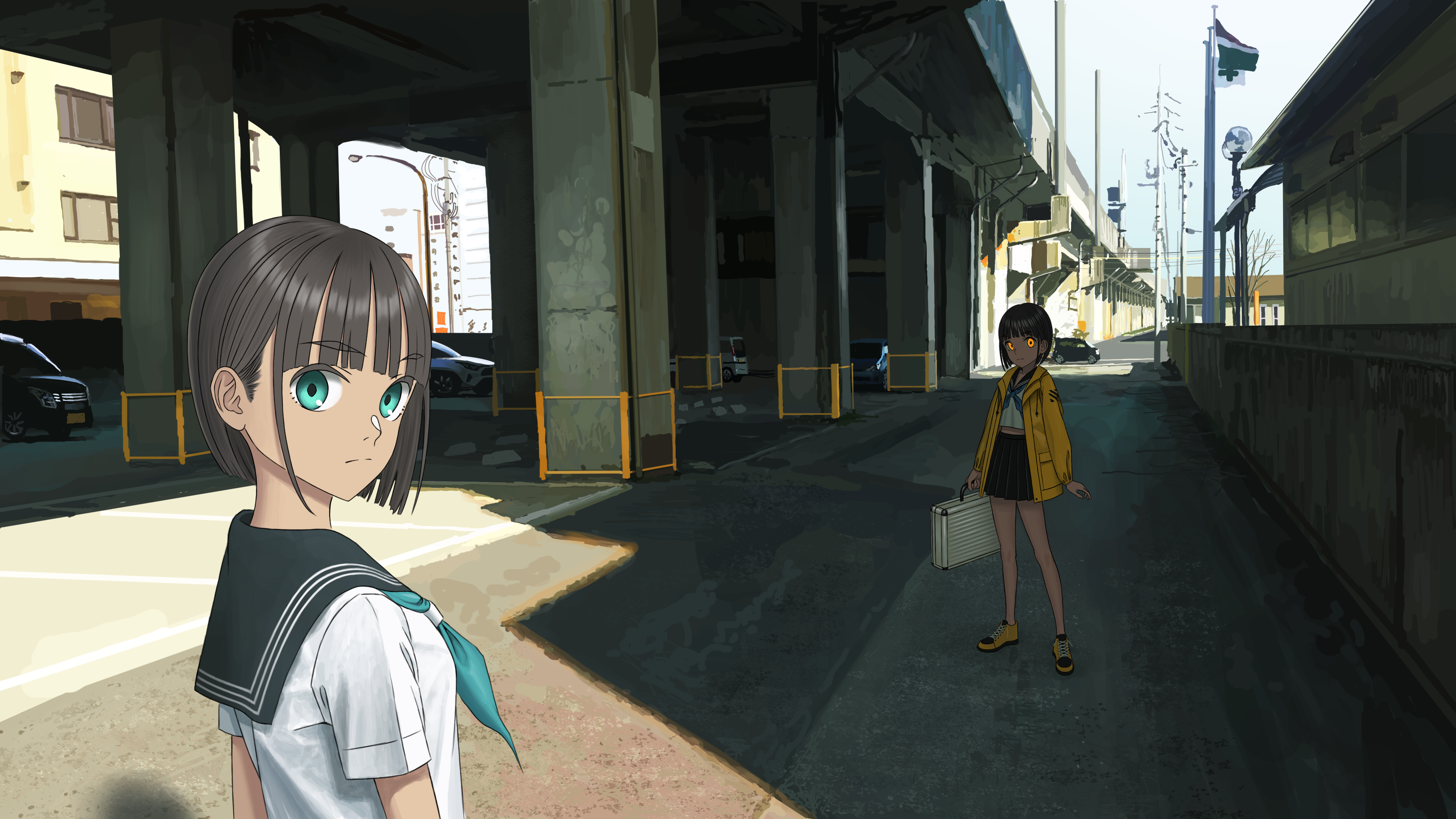 Anime girls in school uniform and yellow jacket underpass HD Wallpaper