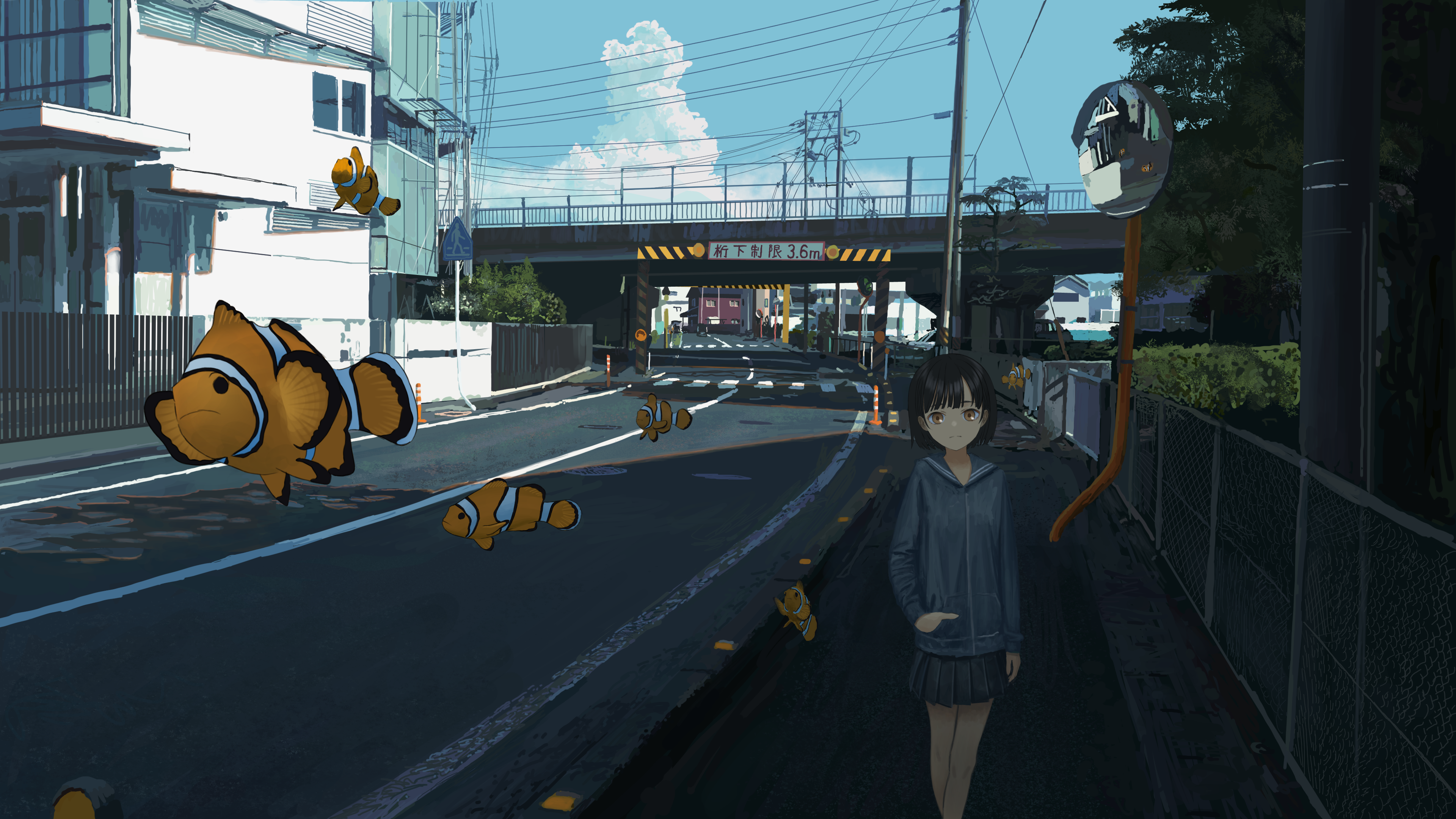 Anime girl and clownfish on a street under an underpass HD Wallpaper