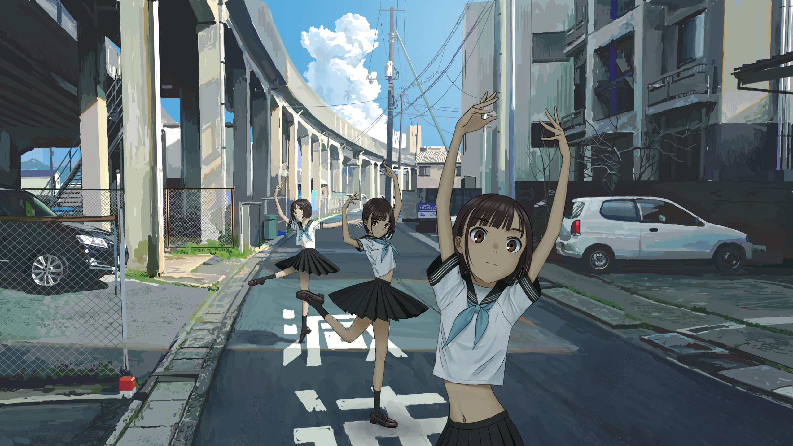 Anime girls in ballet poses on a street under an underpass HD Wallpaper