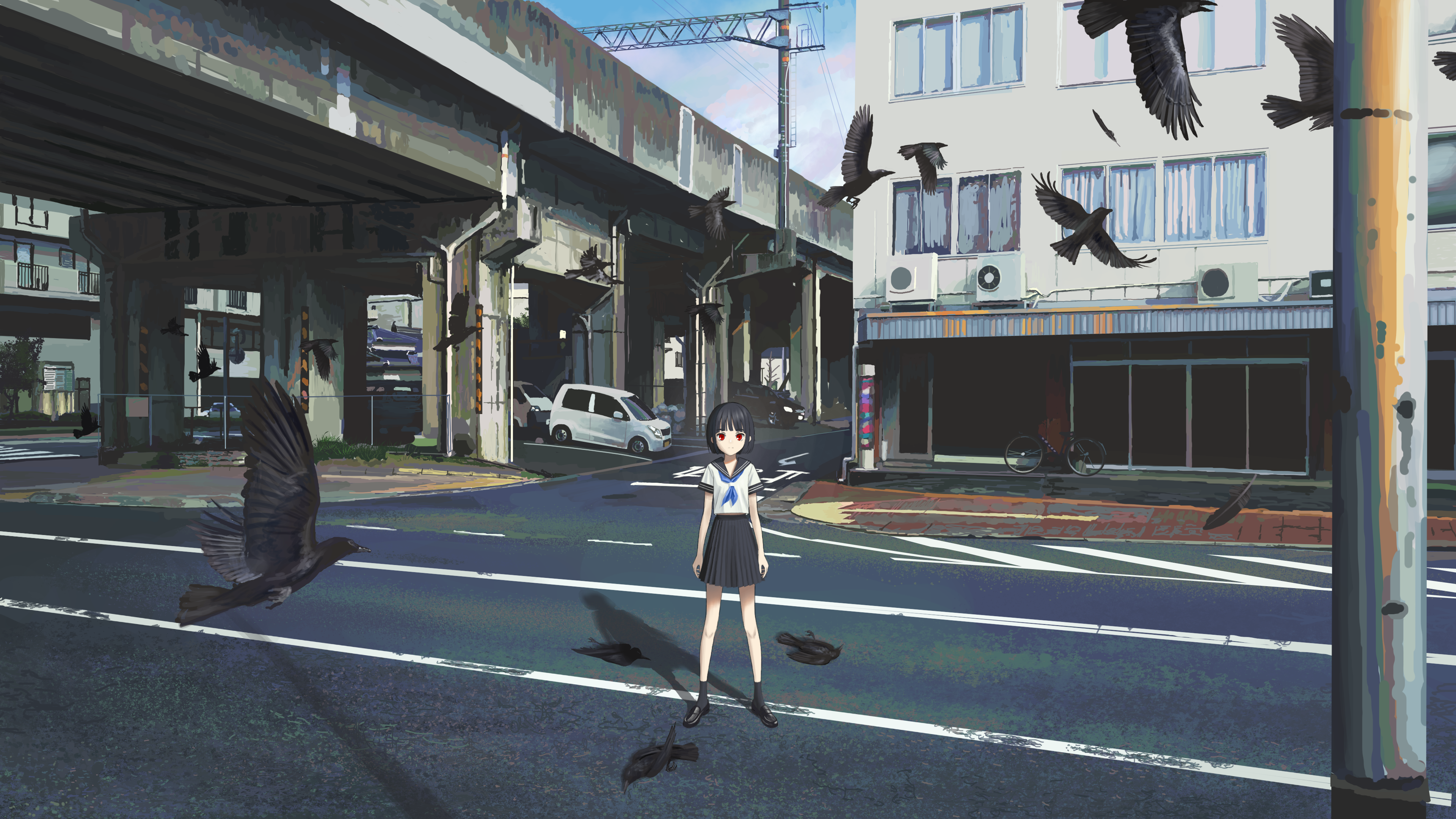 Anime girl and crows under an underpass HD Wallpaper