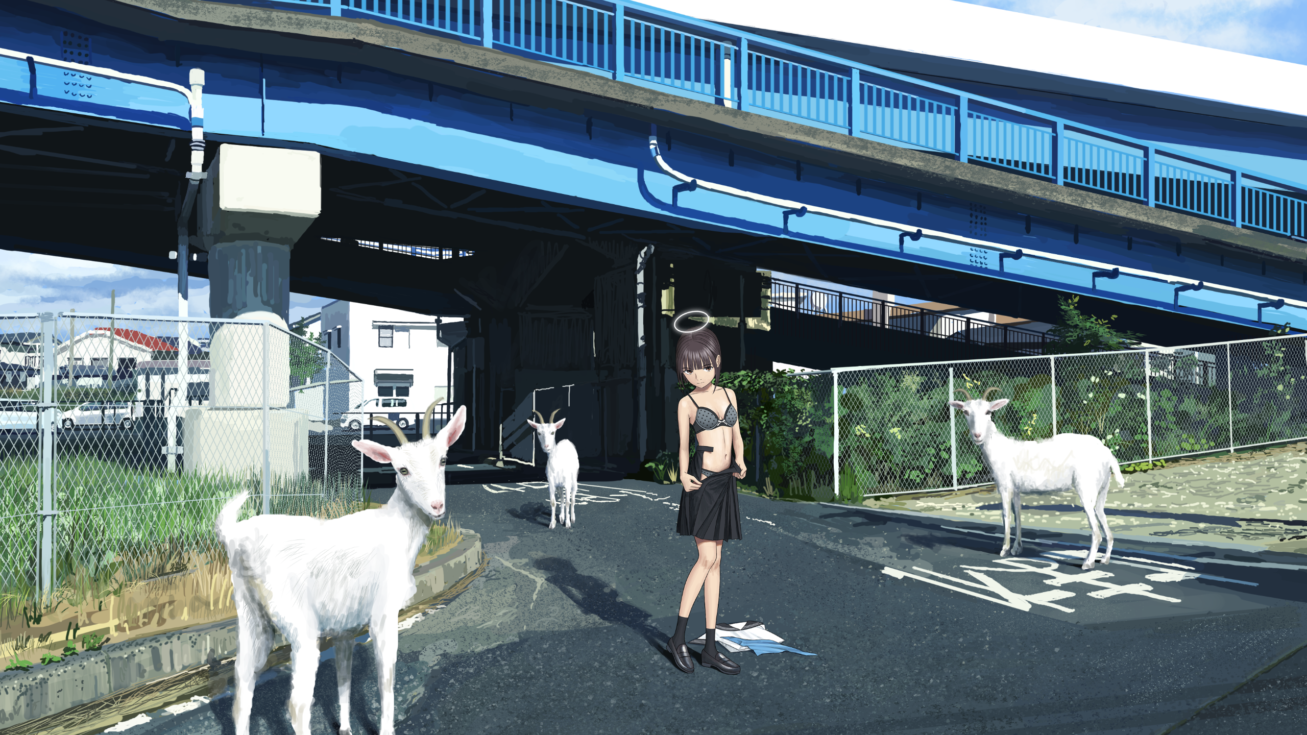 Anime girl removing skirt with goats under bridge HD Wallpaper