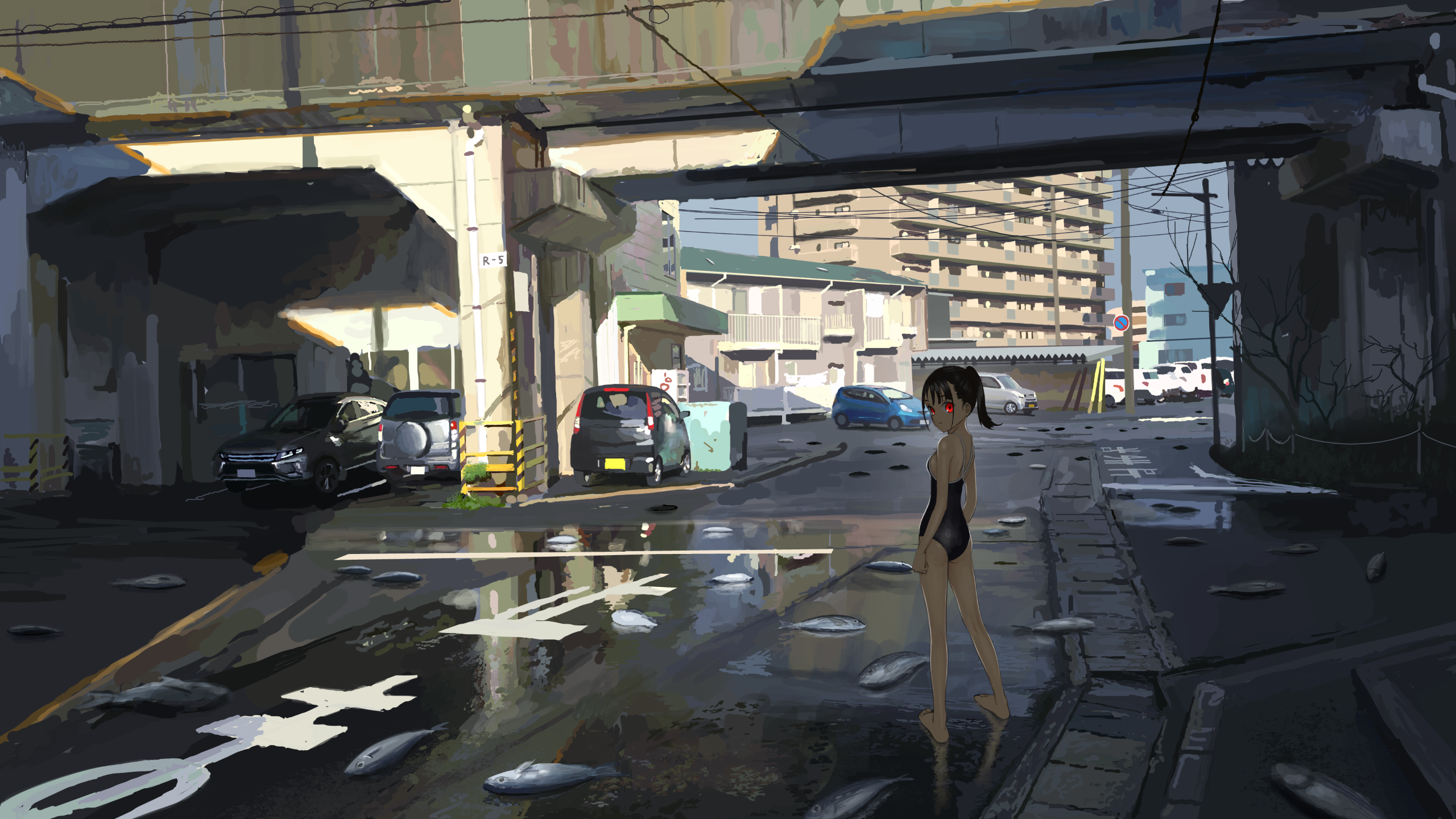 Anime girl in swimsuit under underpass with dead fish HD Wallpaper