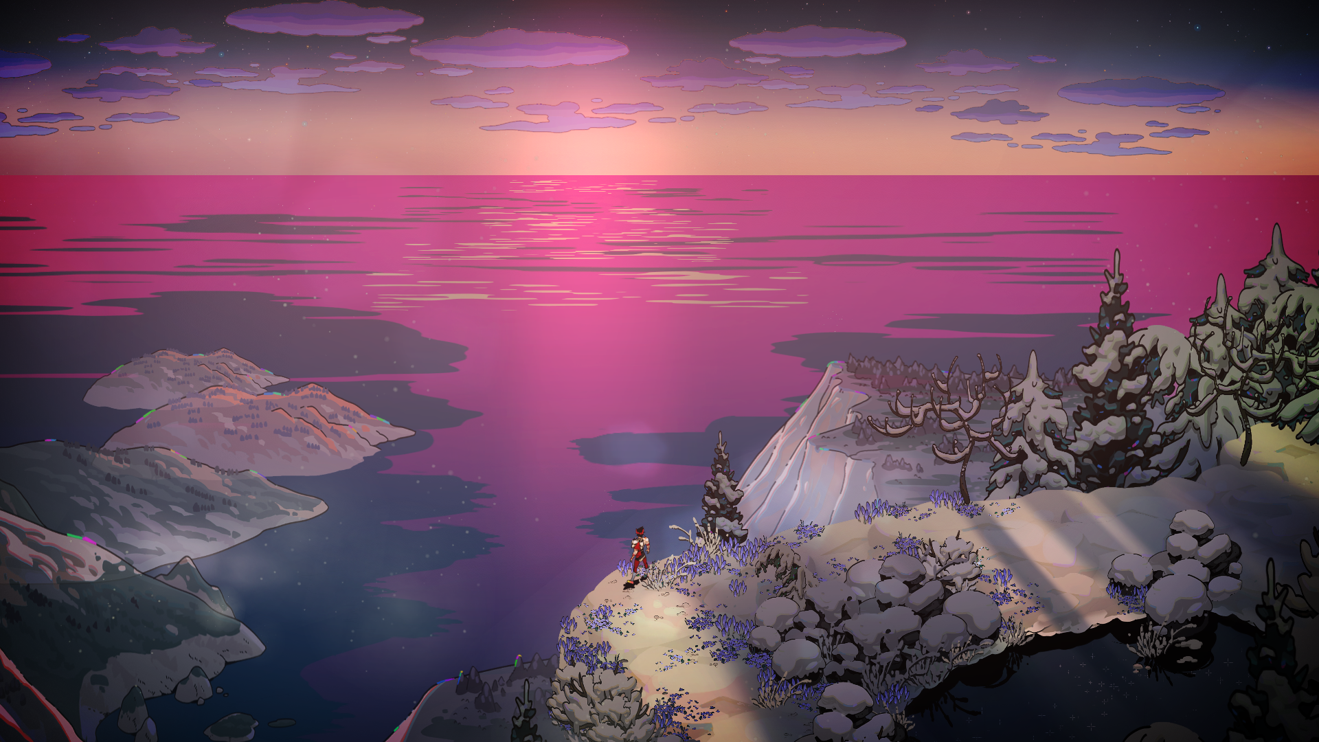 Zagreus from Hades overlooking a pink ocean at sunrise HD Wallpaper