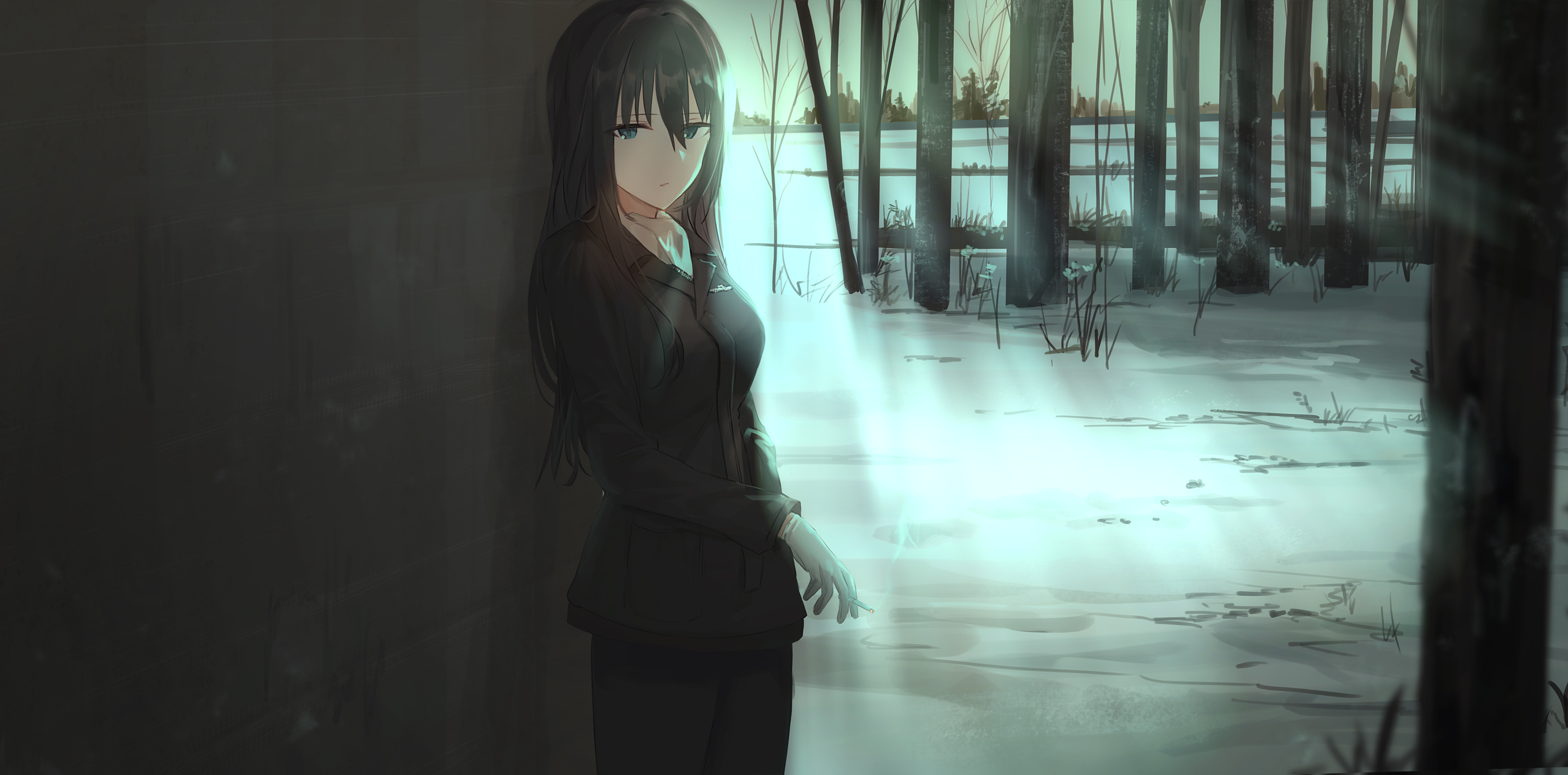 Chihuri 45 from Strike Witches smoking in snow HD Wallpaper