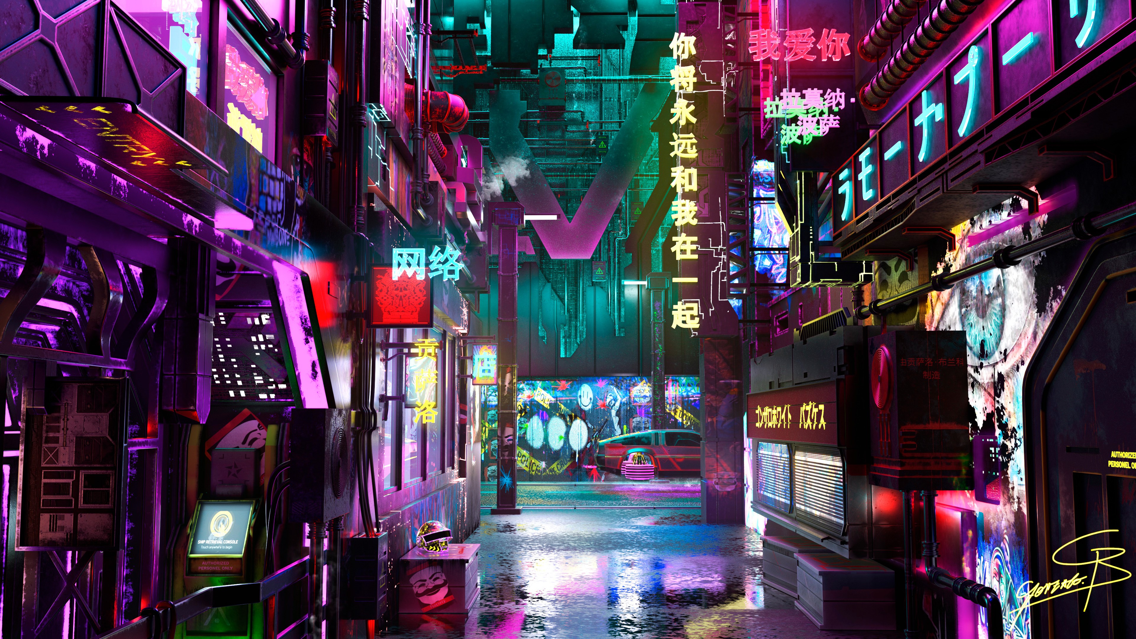 Cyberpunk Alleyway with Neon Signs and Graffiti HD Wallpaper
