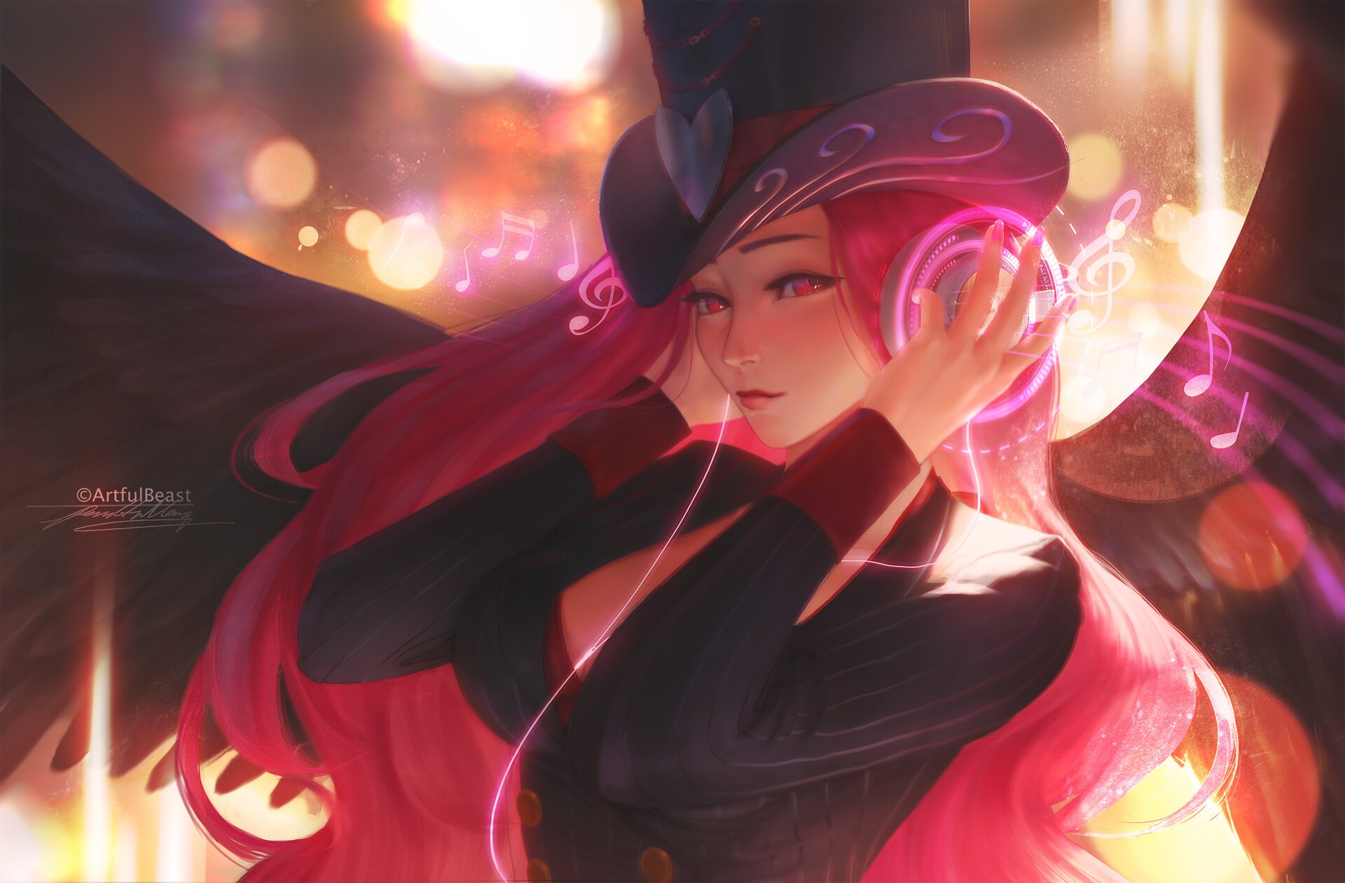 Woman with pink hair wearing headphones and a hat HD Wallpaper