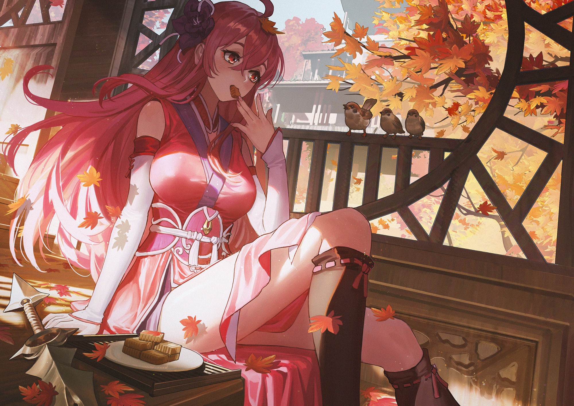 Anime girl in red kimono eating snacks with birds HD Wallpaper