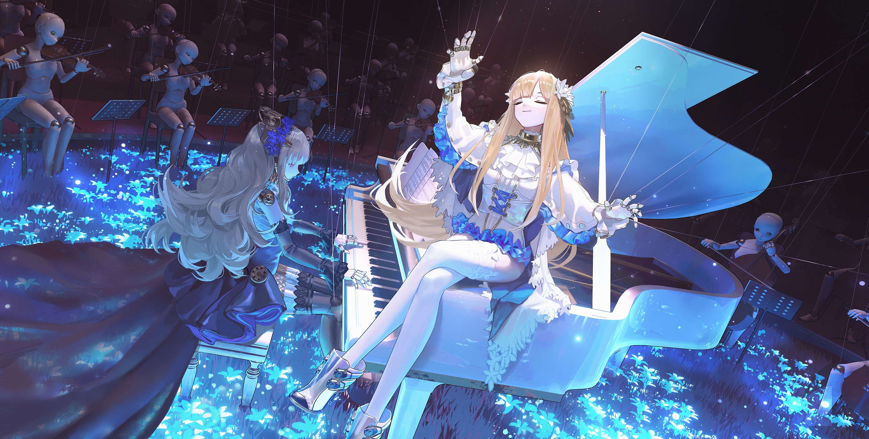 Anime girls playing piano with marionette orchestra HD Wallpaper
