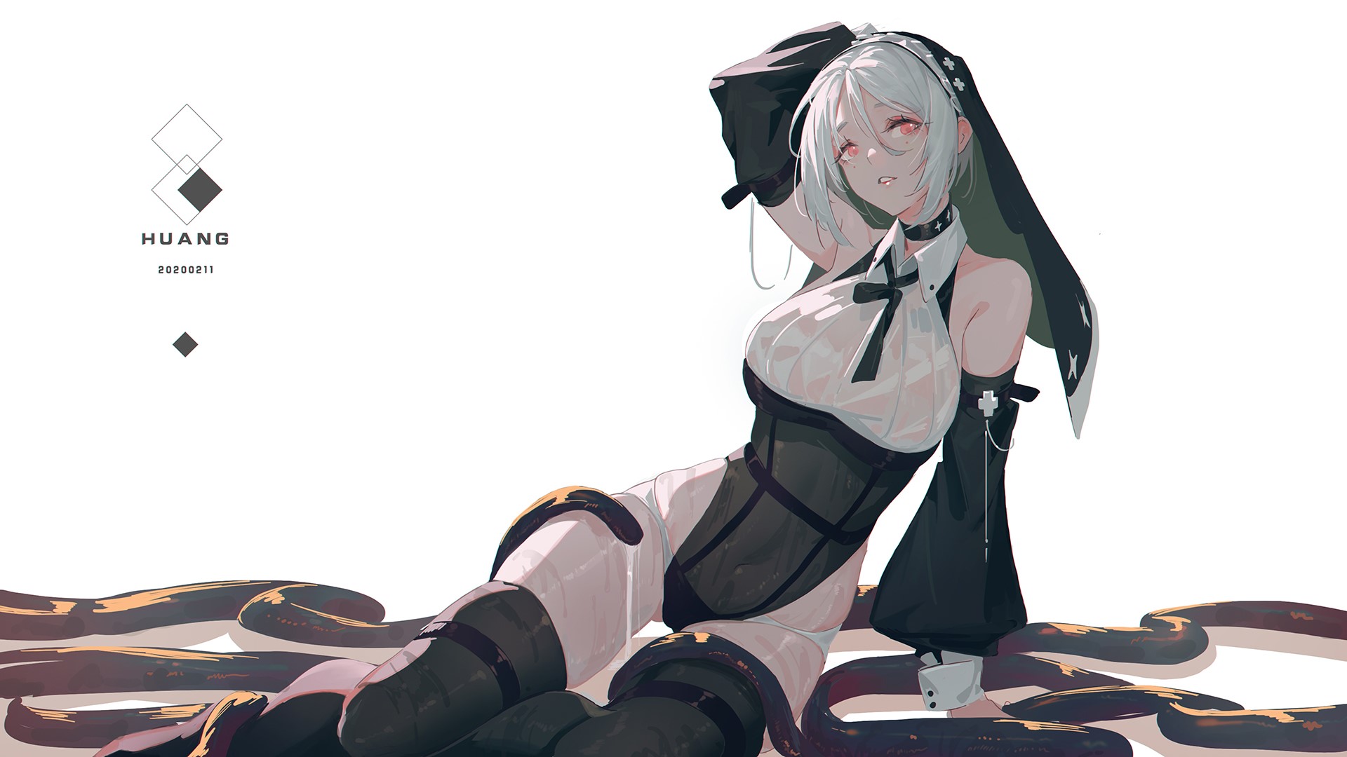 Anime girl with white hair and red eyes HD Wallpaper
